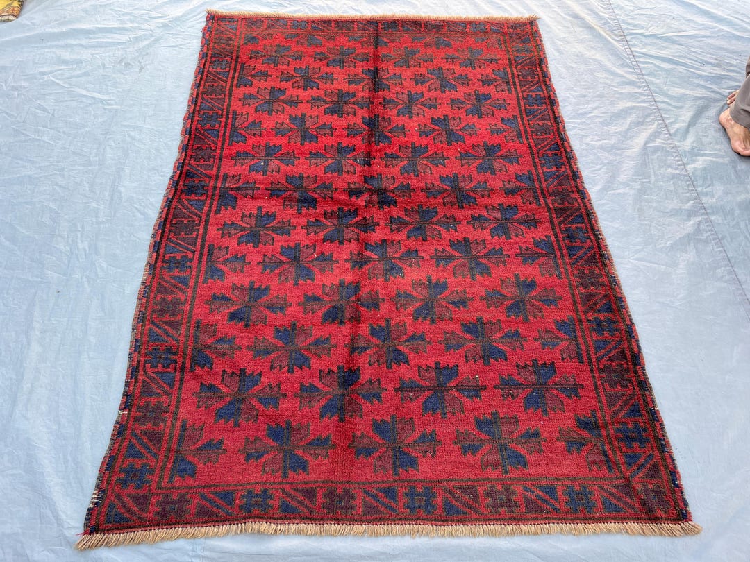 4'6x6'6 Ft Vintage Afghan Ersari Hand Knotted Wool Rug Deep Red Navy ...