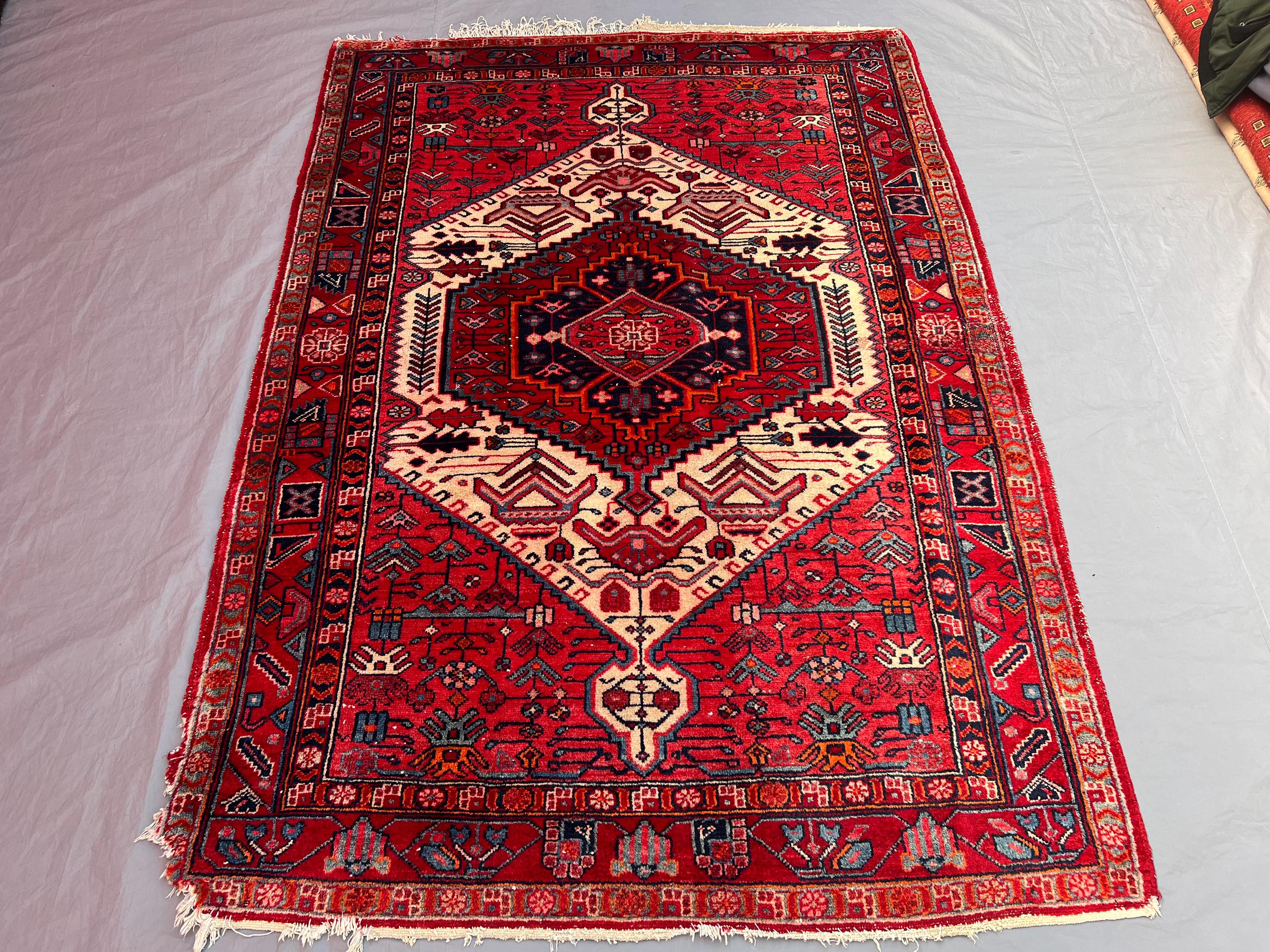 4'9 x 6'9 ft Red & Blue Vintage Afghan Rug, Handwoven, Soft Pile, Traditional Tribal Design, Ideal for Living And Bed Room Top Quality Decor