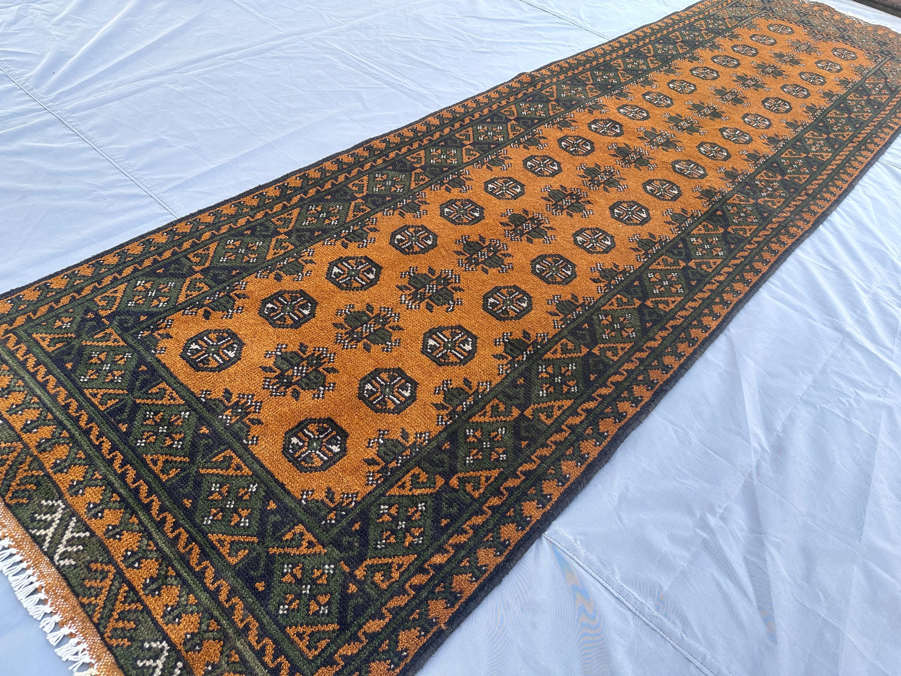3x10 Mustard Modern Afghan Bokhara Runner Rug, Hand-Knotted Wool Carpet, Long Hallway Tribal Design Soft Pile