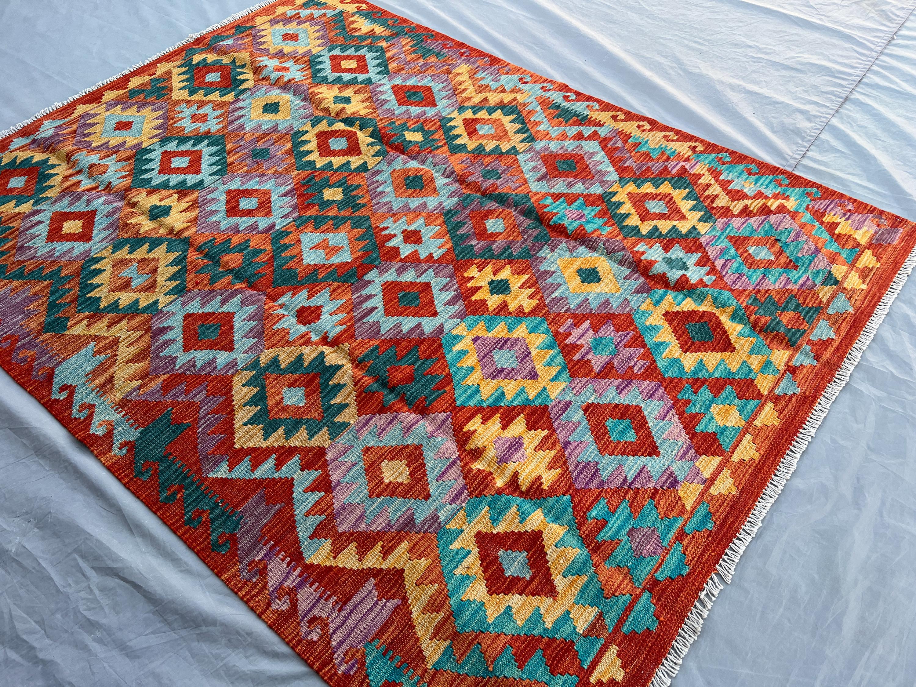 Afghan Kilim Rug 5x6'7 ft, Colorful Tribal Wool Flatweave Carpet | Handmade Geometric Diamond Rug | Boho Area 