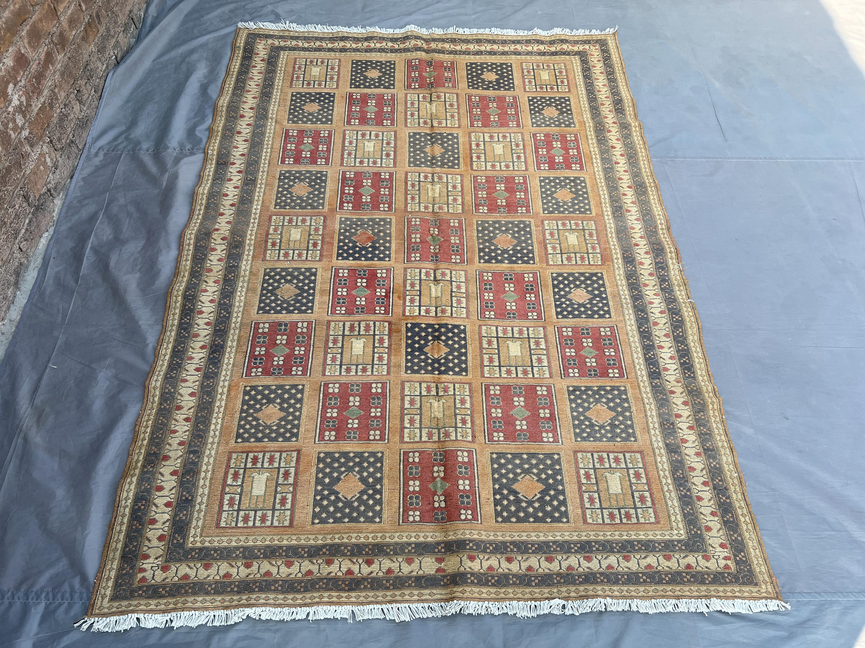 5x7'3 ft Vintage Afghan Handmade Sumak Kilim Rug, Tribal Wool Hand-Woven Rug, Geometric Pattern Area Rug, Bedr