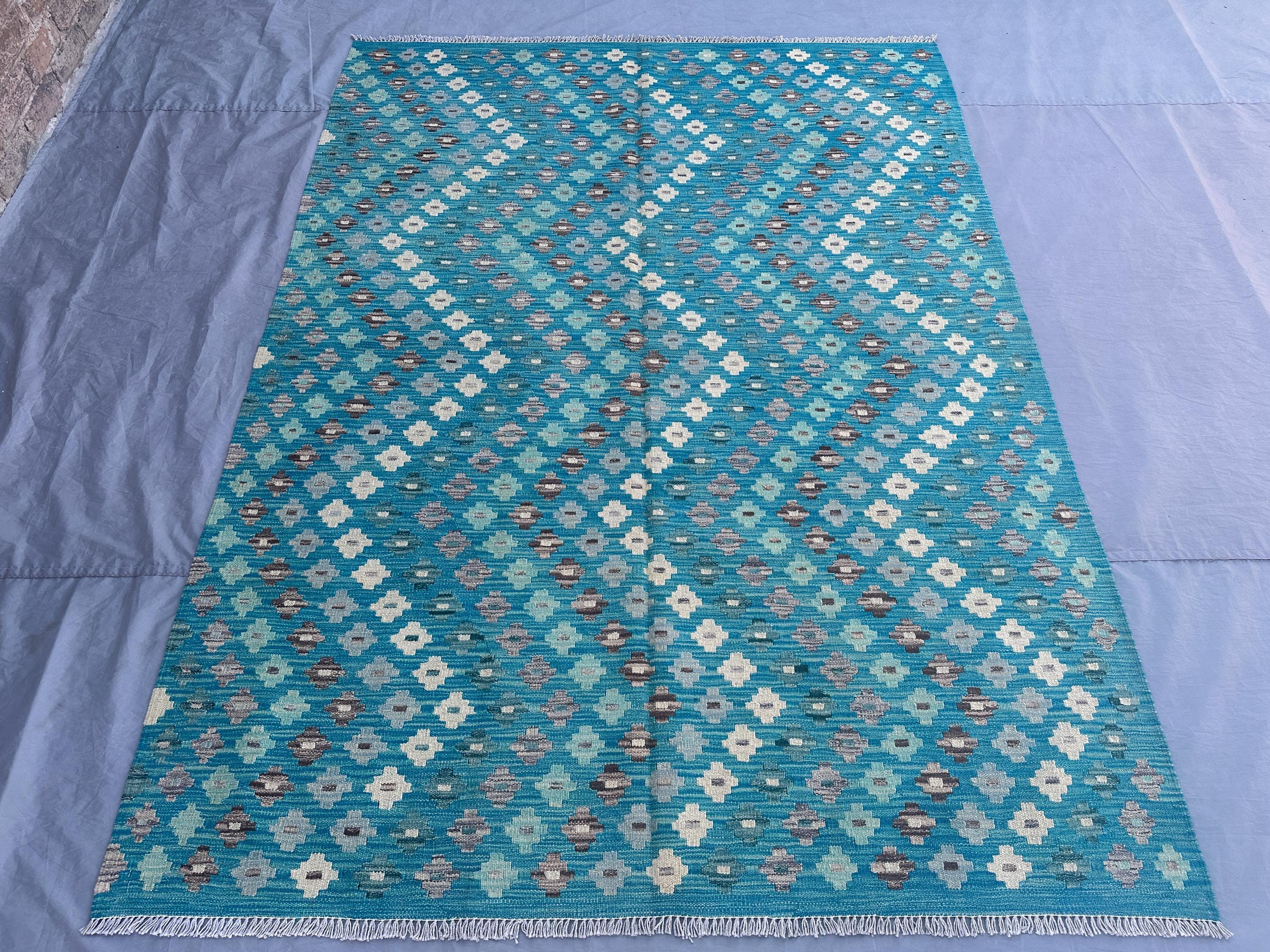 6x8 Afghan Kilim Rug | Handwoven Wool Flat Weave Carpet | Modern Tribal Design | Teal Blue Geometric Area Rug | Handmade Living Room Decor