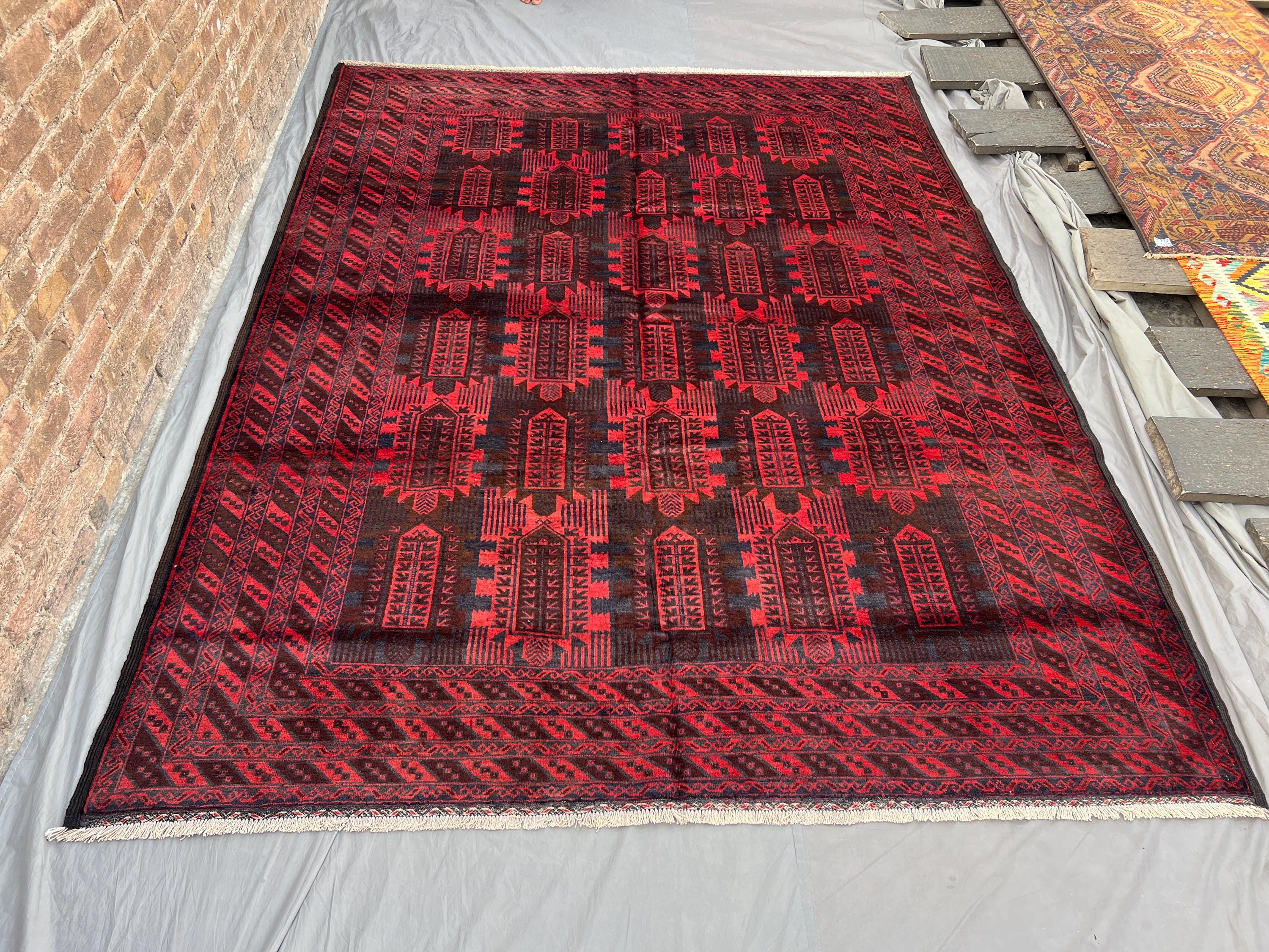 7'3 x 9'4 ft Afghan Baluchi Handmade Wool Rug, Oriental Area Rug, Qalam Dani Design, Tribal Boho Vintage Carpet, Nomadic Bedroom Decor Rug