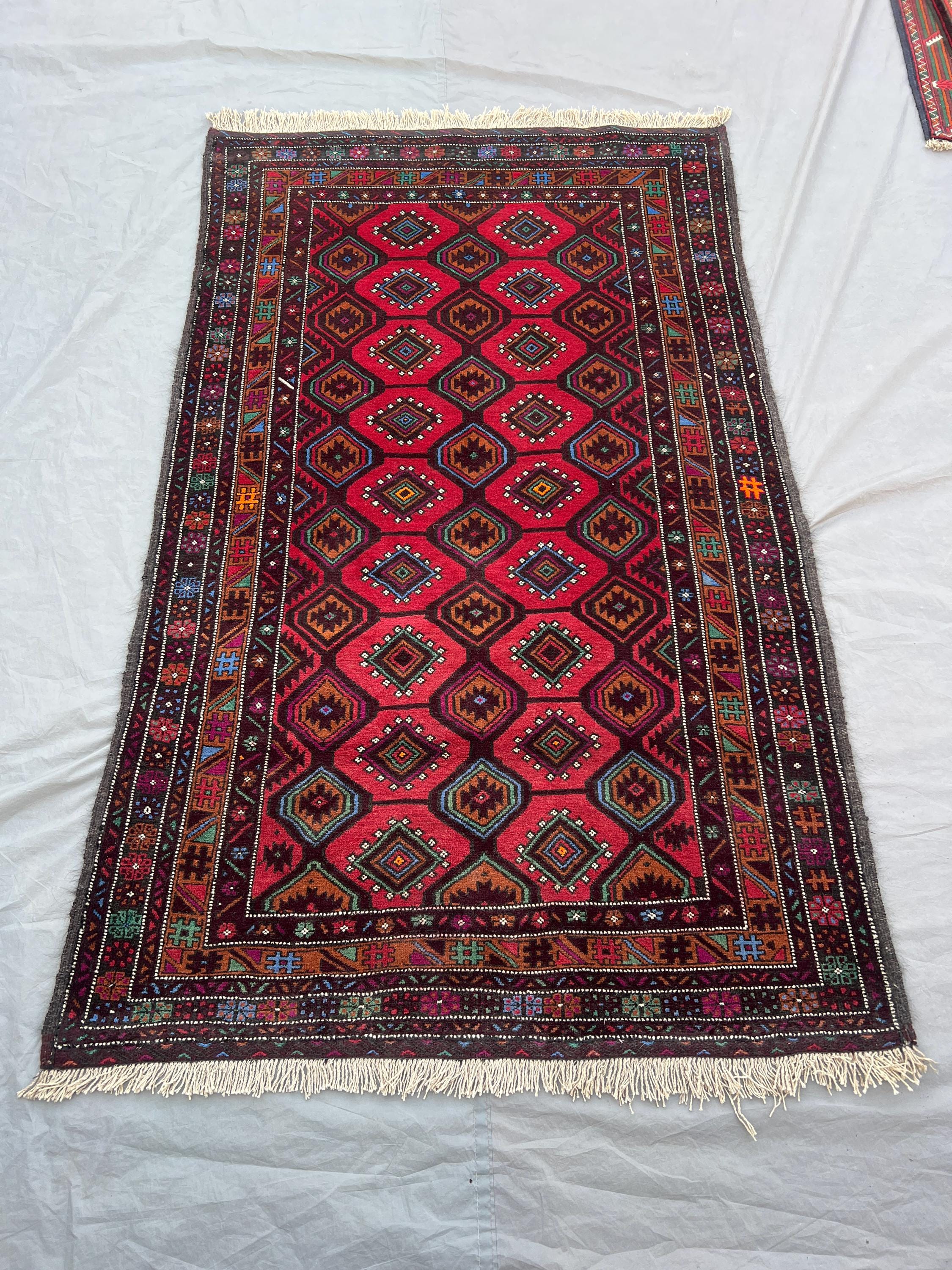 4x6'8 ft Vintage Afghan Pile Rug | Handknotted Tribal All-Over Diamond | Crimson Red & Dark Brown Wool | Area Rug Living Room Bedroom