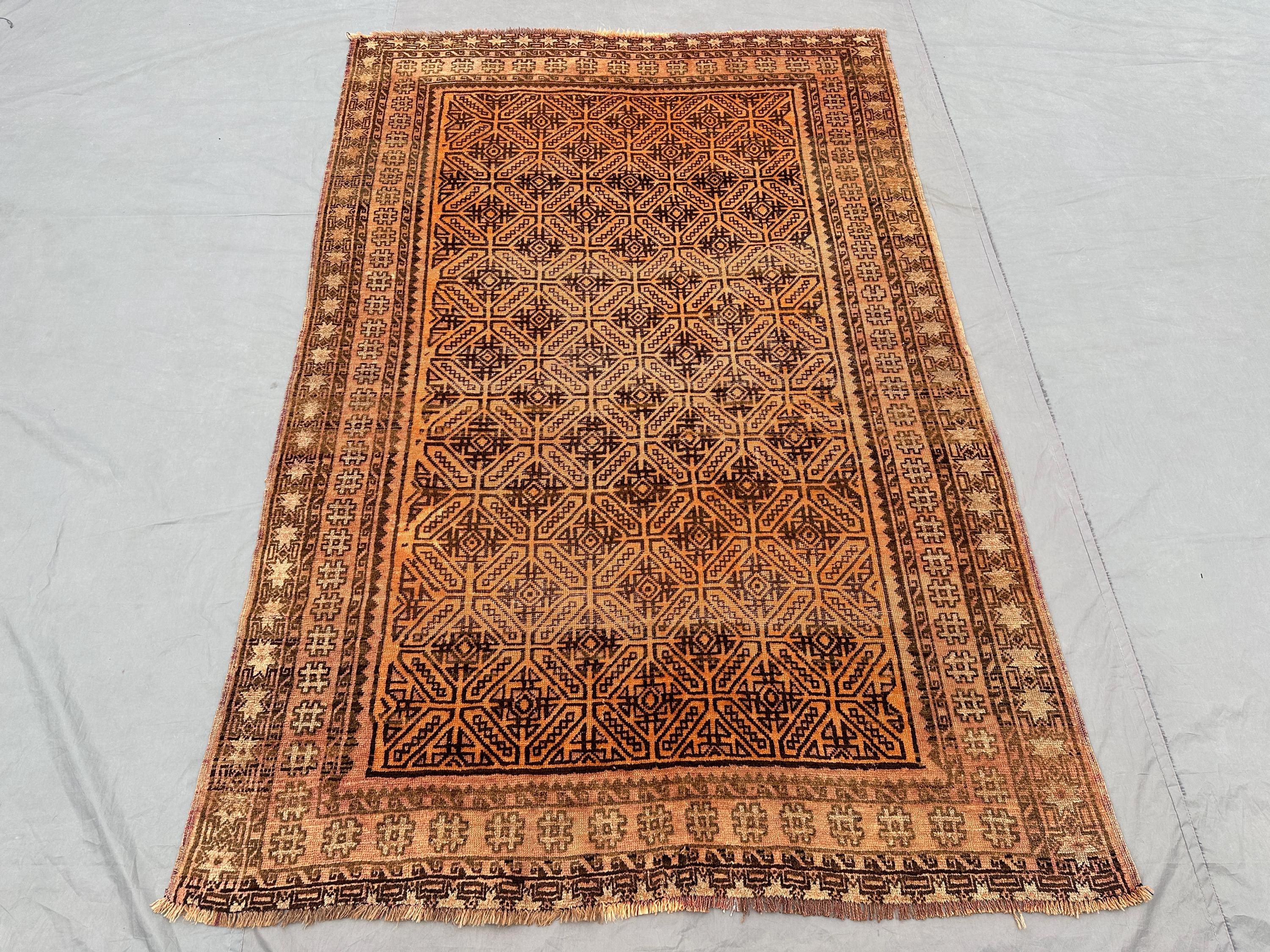 1900s Baluch Rug | 4x7 Semi Antique Afghan Tribal Carpet | Hand Knotted Wool Rug | Geometric Nomadic Design | Fine Kitchen Area Rug Decor