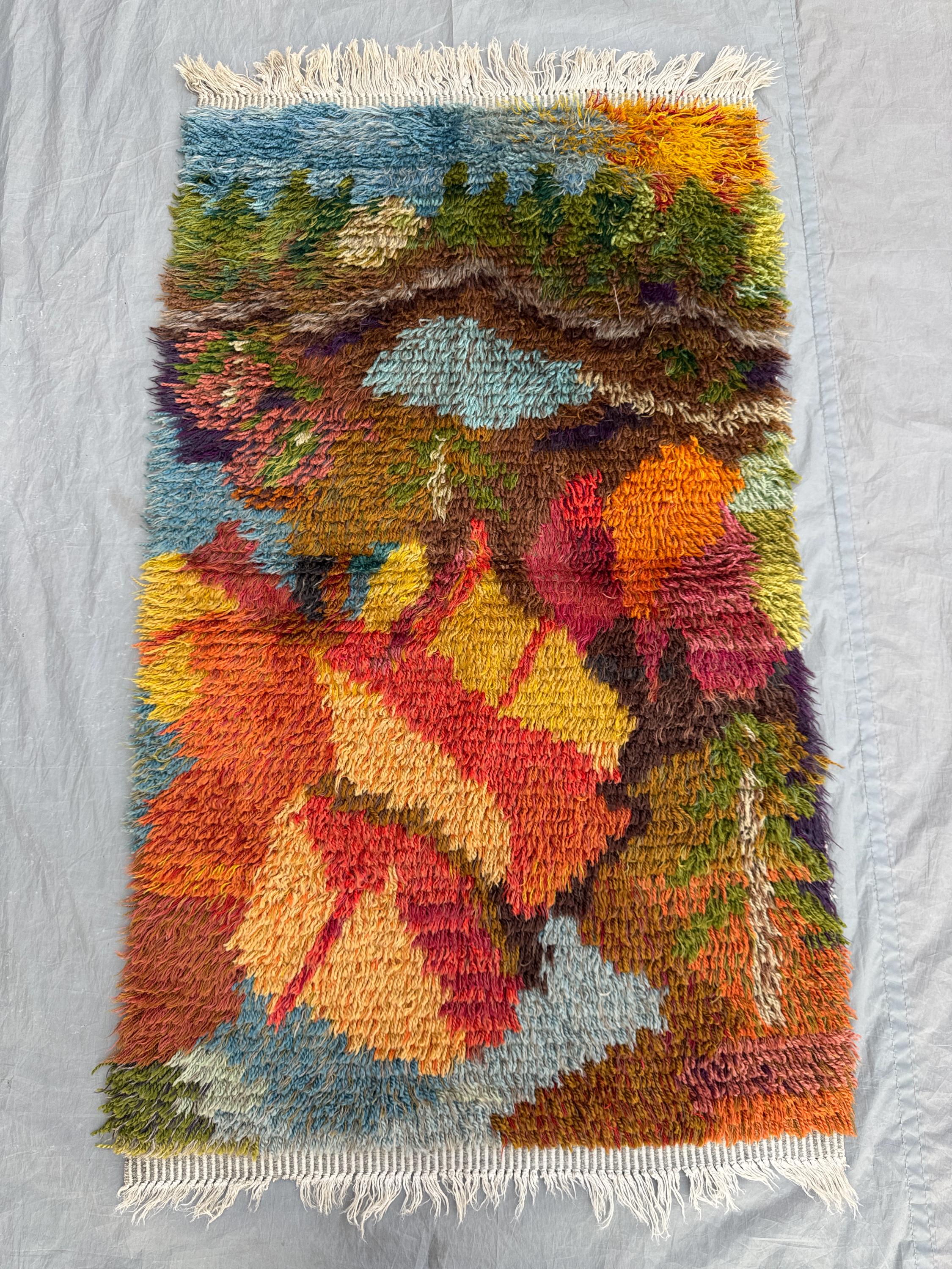 4x3'11 Ft Vintage Moroccan Full Pile Moss Rug, Handwoven Wool, Colorful Geometric Design, One of a Kind, Perfect for Bathroom