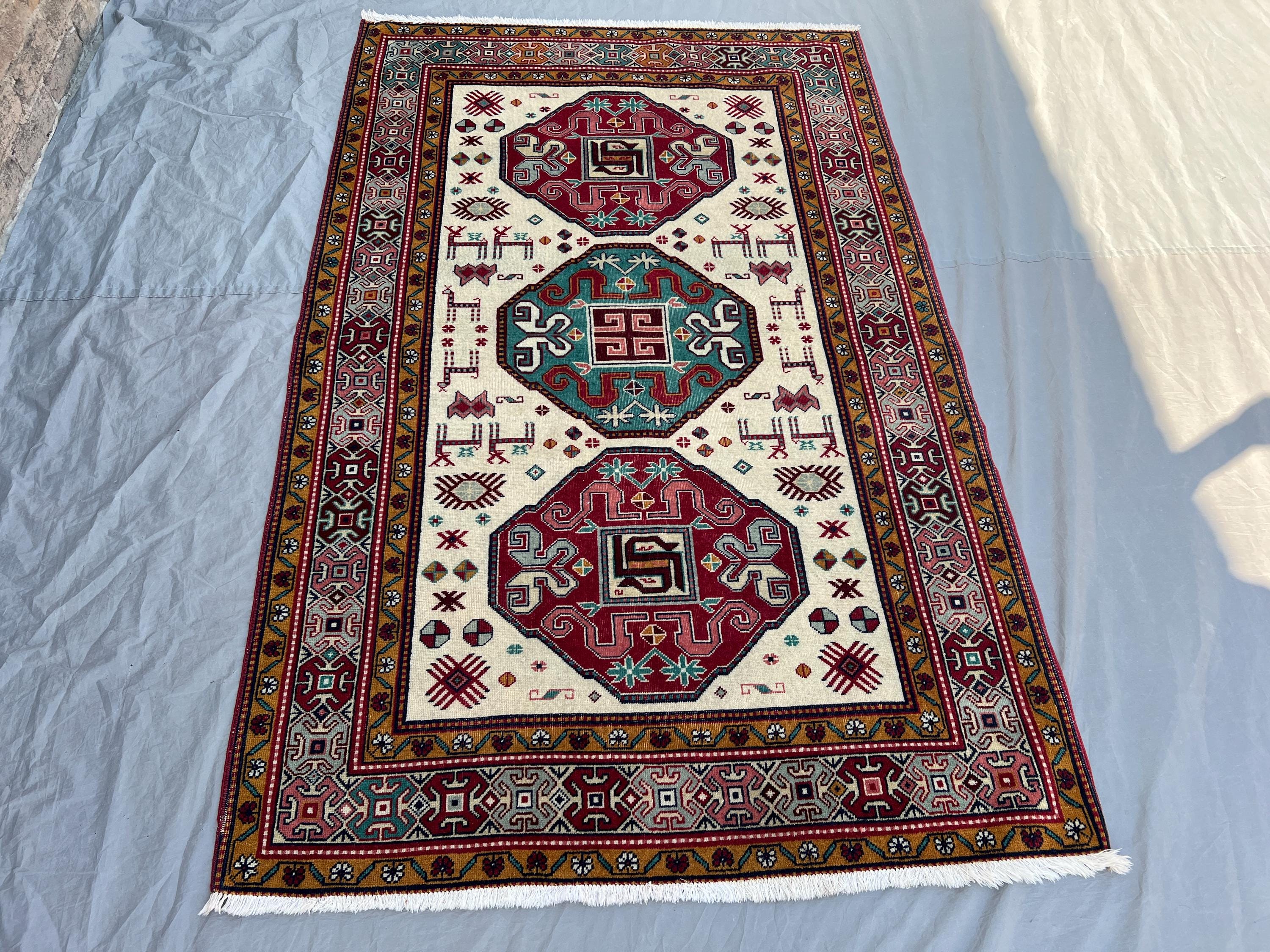 4'2x6'8 Vintage Afghan Caucasian Kazak Handknotted Soft Pile Area Rug, Triple Octagon Medallion Ivory Red Teal Wool | Living Room Decor