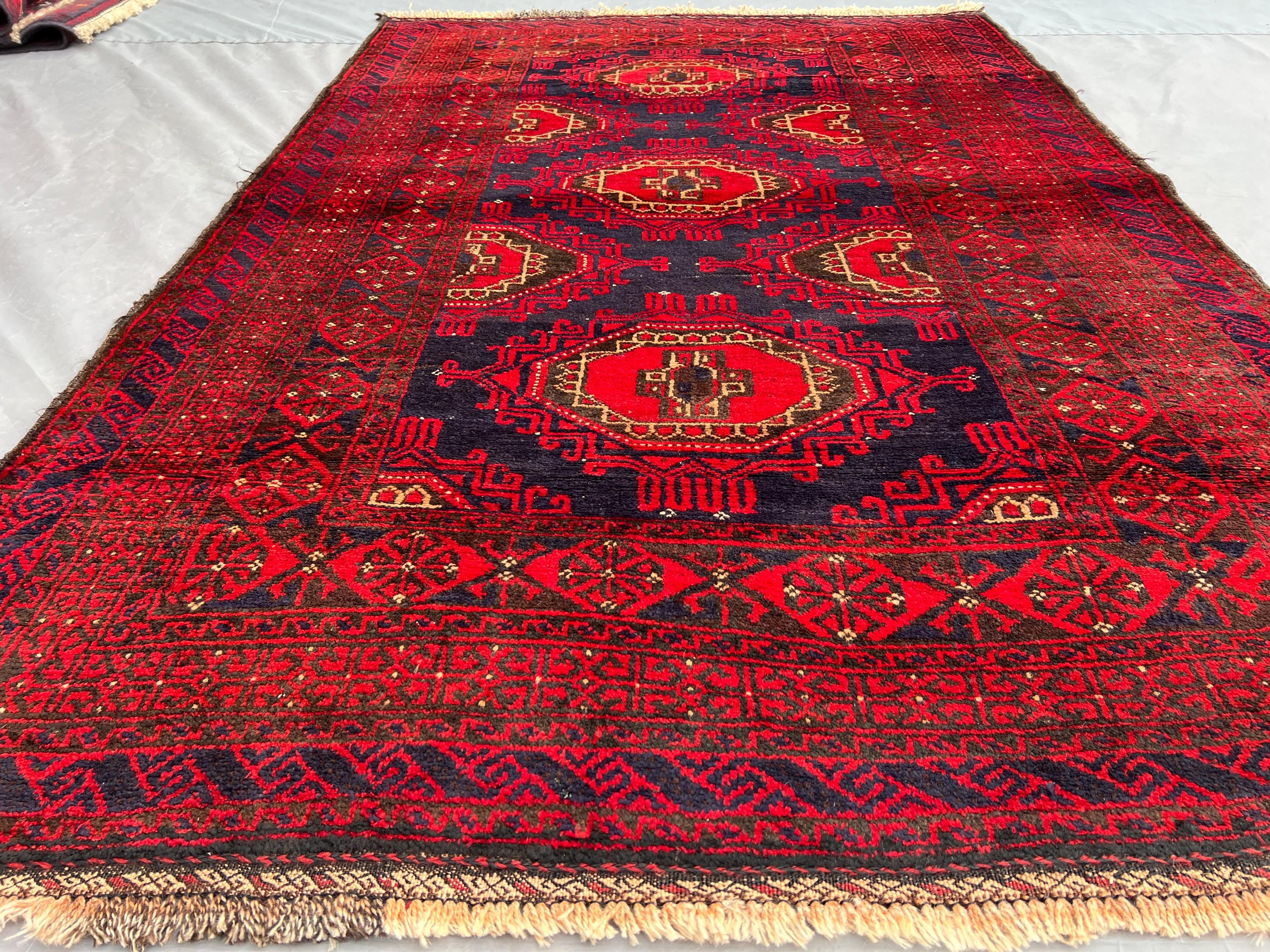 4'2x6'4 ft Antique Afghan Hand Knotted Tribal Rug | Red, Blue, and Gold Wool Carpet | Geometric Pattern, Kitchen Rug, floor Rug, Turkish Rug
