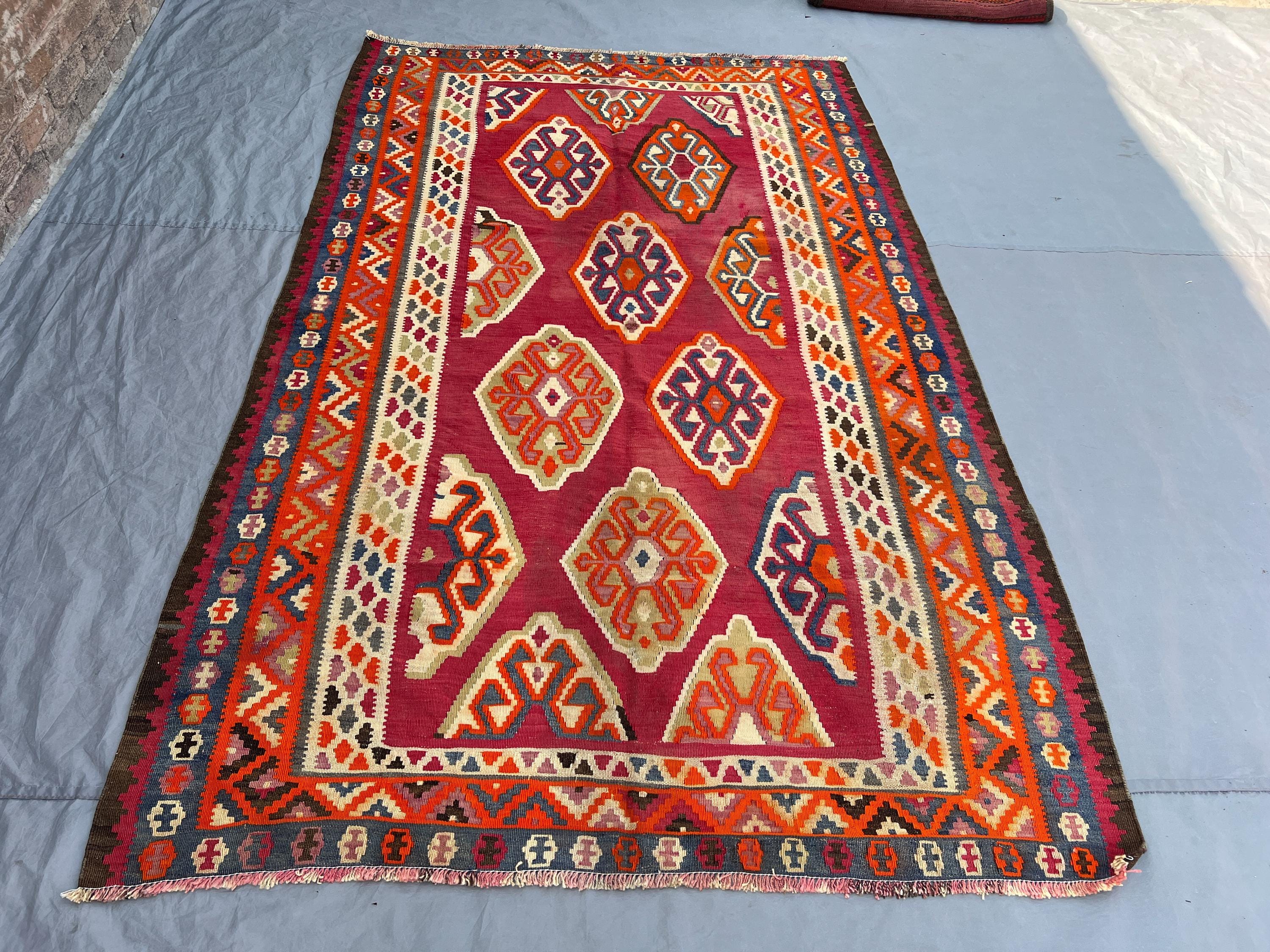 5'3x8'3 Vintage Afghan Kilim Flatweave | Magenta Orange Bold Geometric Medallion | Handwoven Wool Tribal Rug Living Room Dining Room Bedroom