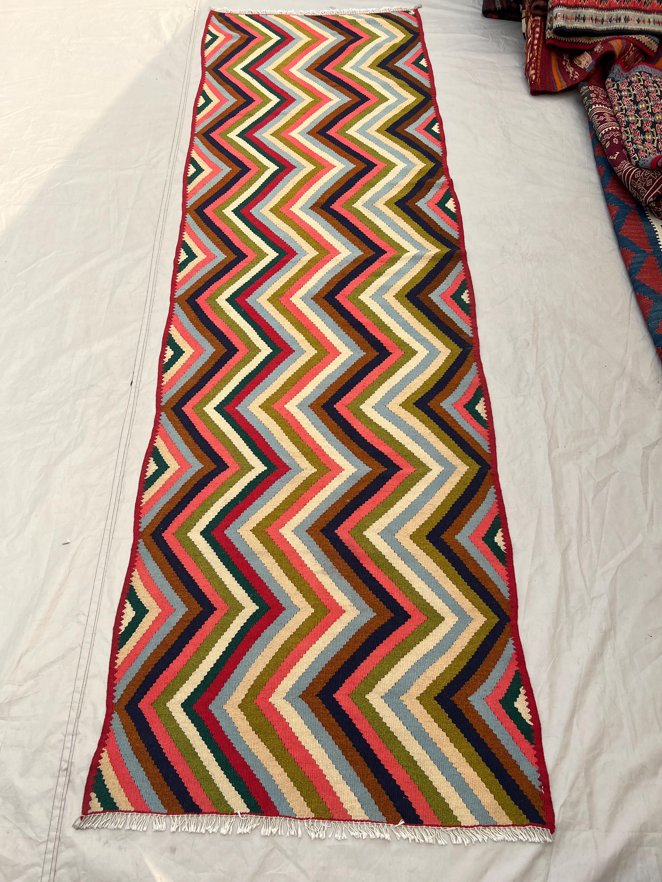 2'8x8'10 Ft Vintage Afghan Kilim Handwoven Wool Flatweave Full-Field Multicolor Chevron Zigzag Coral Pink Olive Sky Blue Runner | Hallway