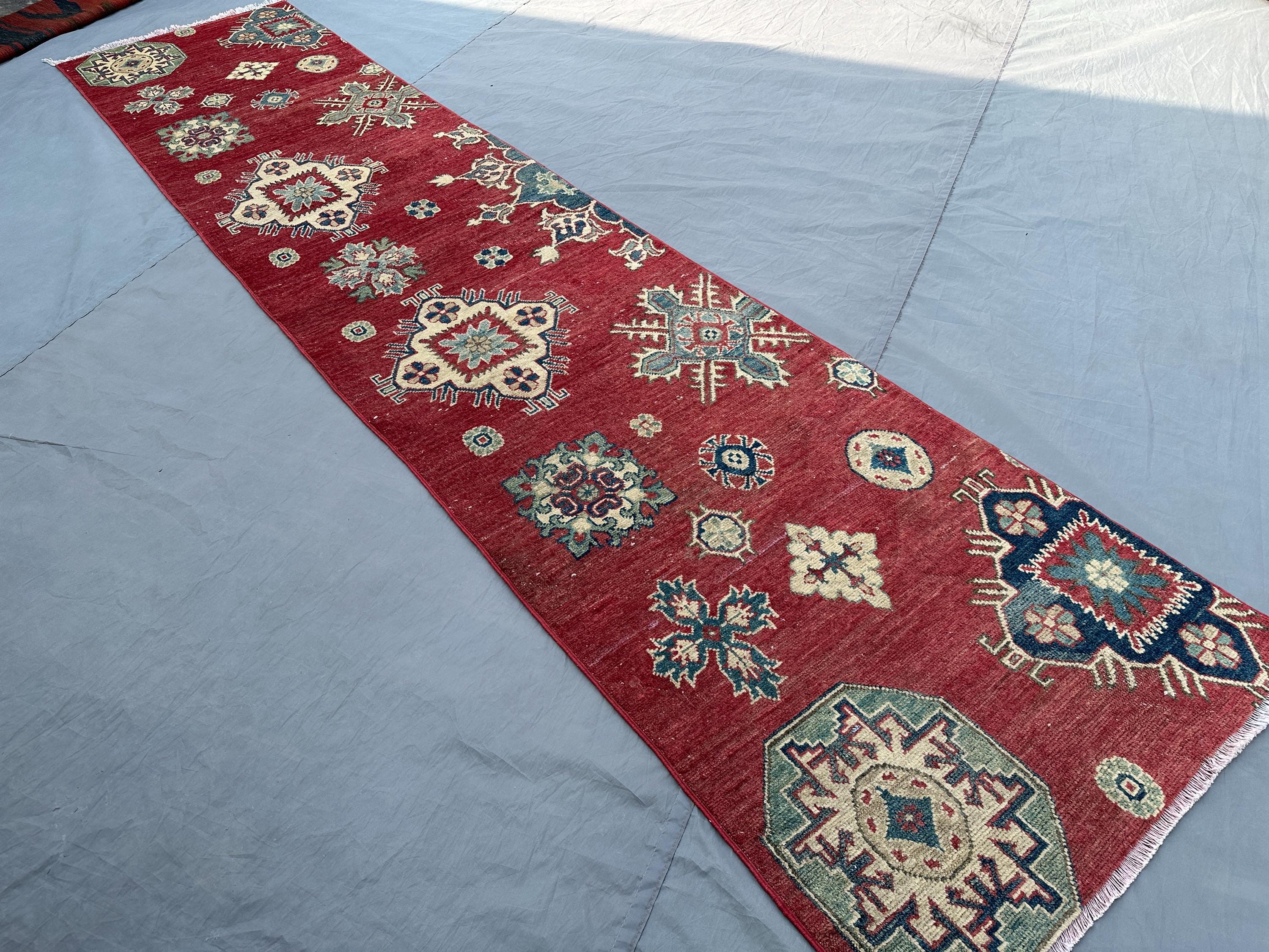 2'5x10'6 ft Afghan Hand Knotted Runner Rug | Tribal Oushak Style Rug | Vintage Wool Carpet | Geometric Pattern, Hallway Rug, Home Boho Decor