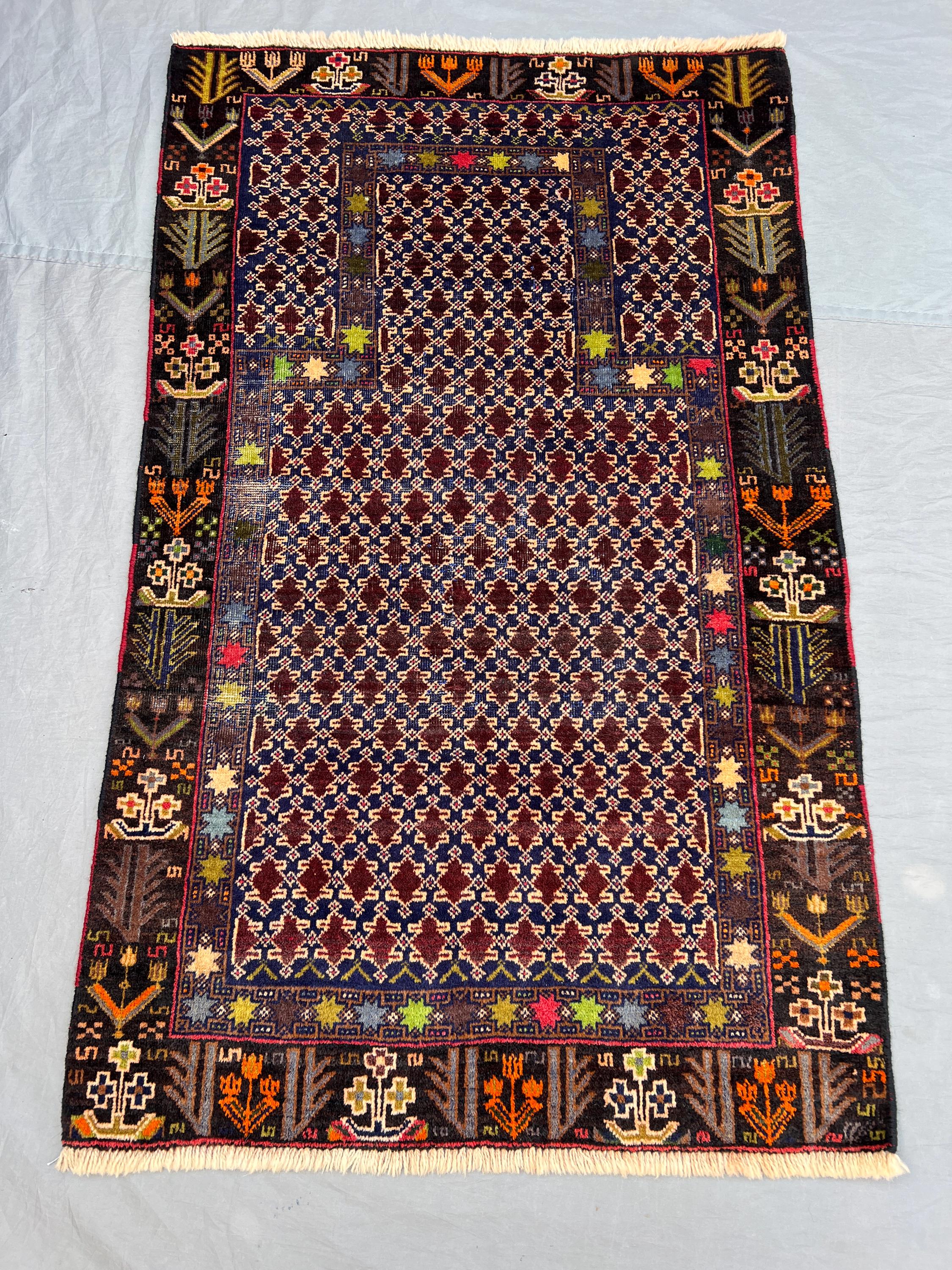 2'11x4'9 Ft Vintage Afghan Hand Knotted Pile Rug | Navy Blue Allover Diamond Lattice Botanical Border Wool Rug | Boho Living Room, Bedroom