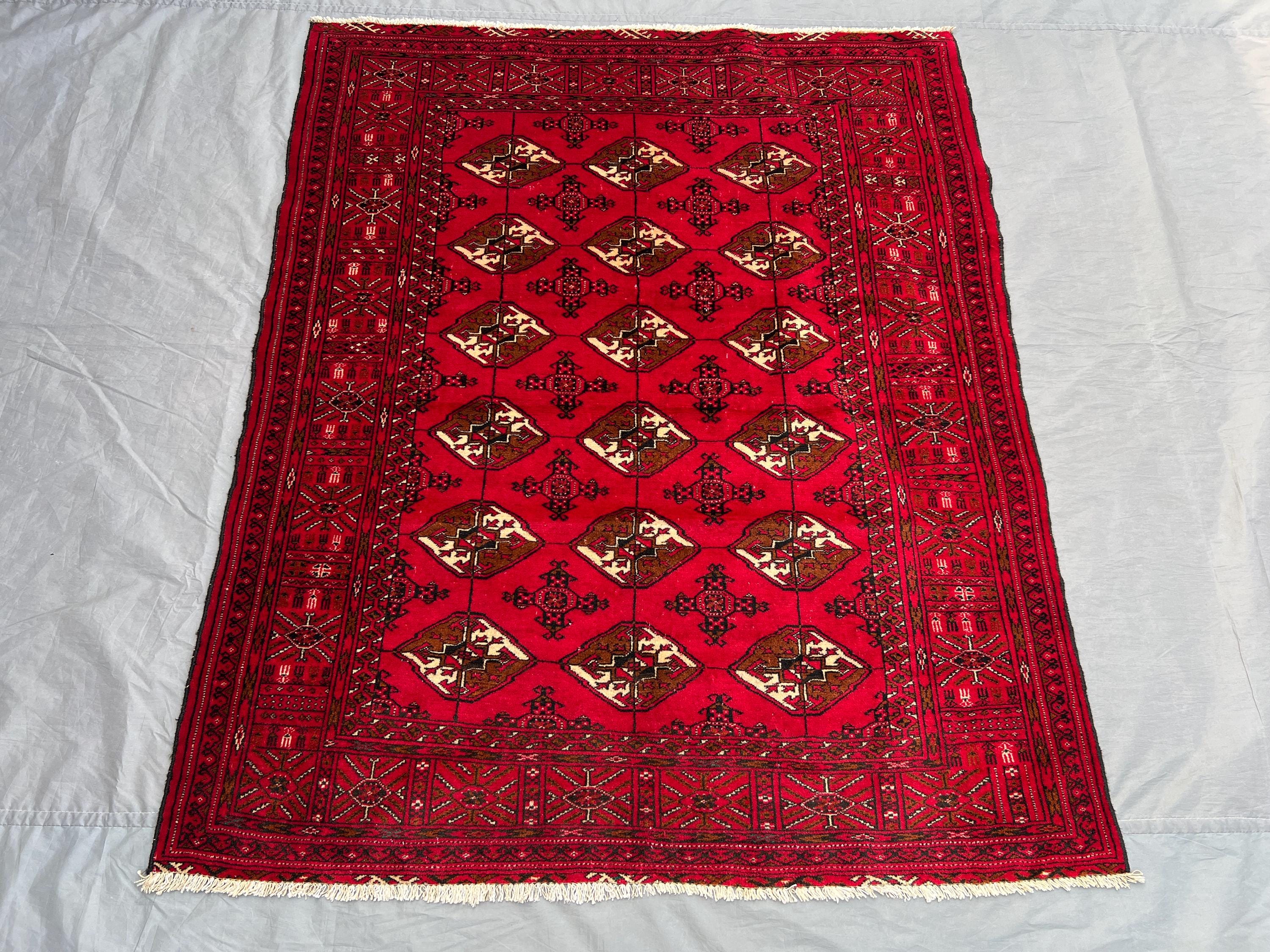 Vintage Red Ivory Brown Afghan Turkmen Bukhara Rug | 4x5 ft Hand Knotted Wool Geometric Carpet | Boho Entryway