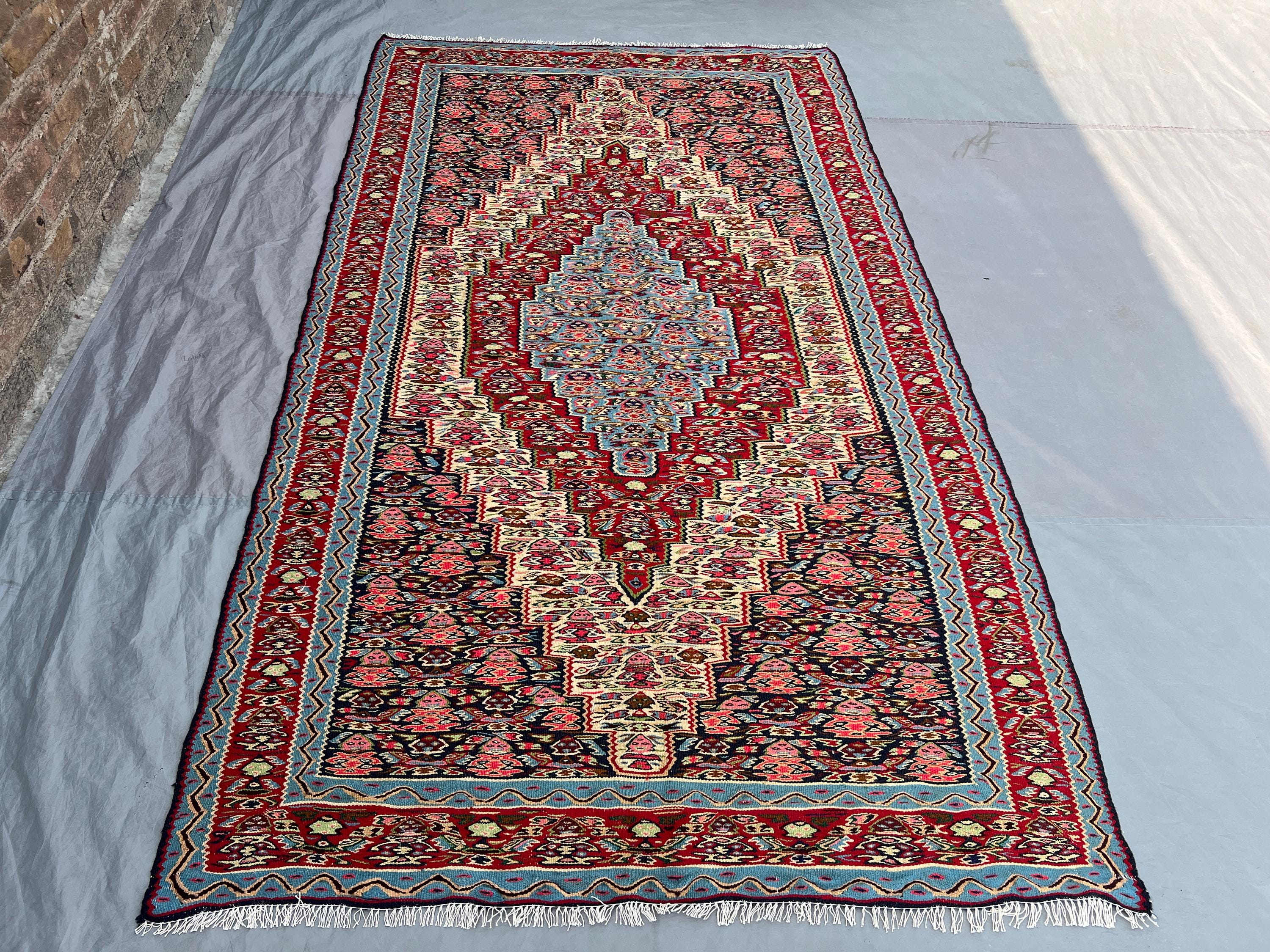 4'10x8'4 Vintage Afghan Tribal Kilim Handwoven Wool Flatweave Grand Diamond Medallion Navy Pink Ivory Area Rug | Living Room Bedroom Decor