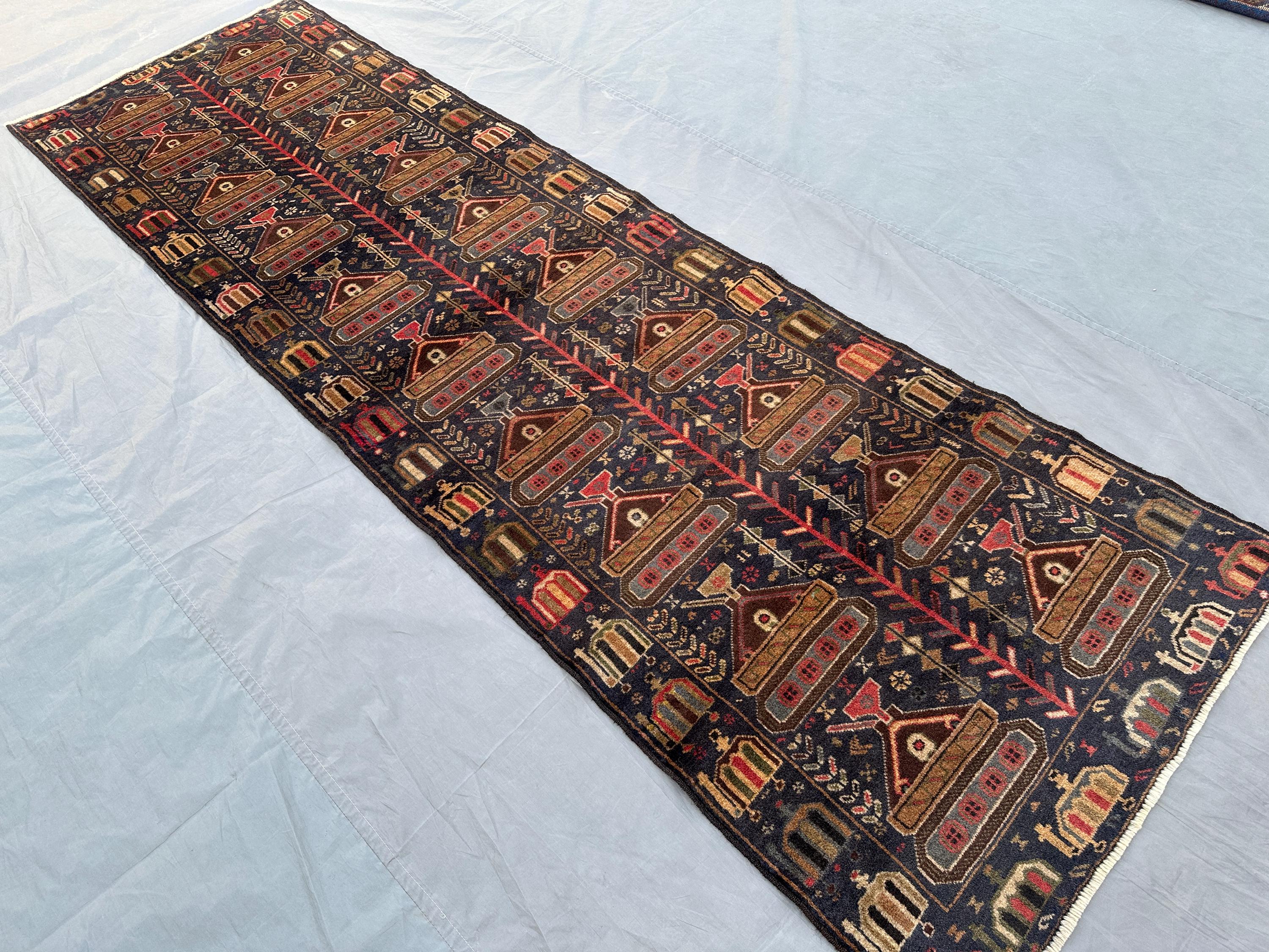 3x9'5 ft Antique Afghan Baluchi Runner Rug, Tribal Handmade Wool Pictorial Runner, War Rug, Entryway Hallway R