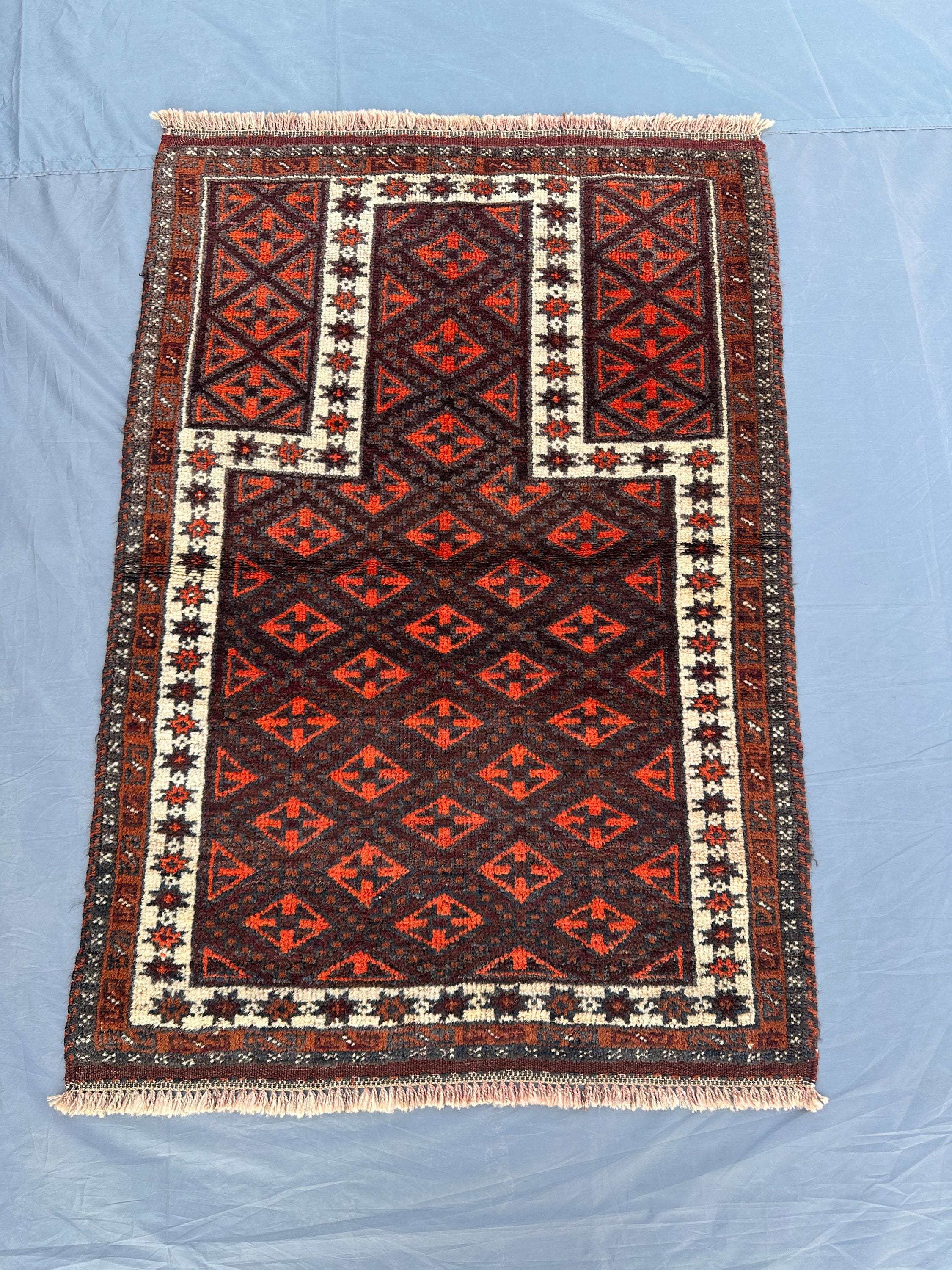 Antique Afghan Baluch Prayer Rug 2.8x3.7 ft, Hand-Knotted Turkmen Tribal Rug, Turkish Wool Rug, Vintage Islami