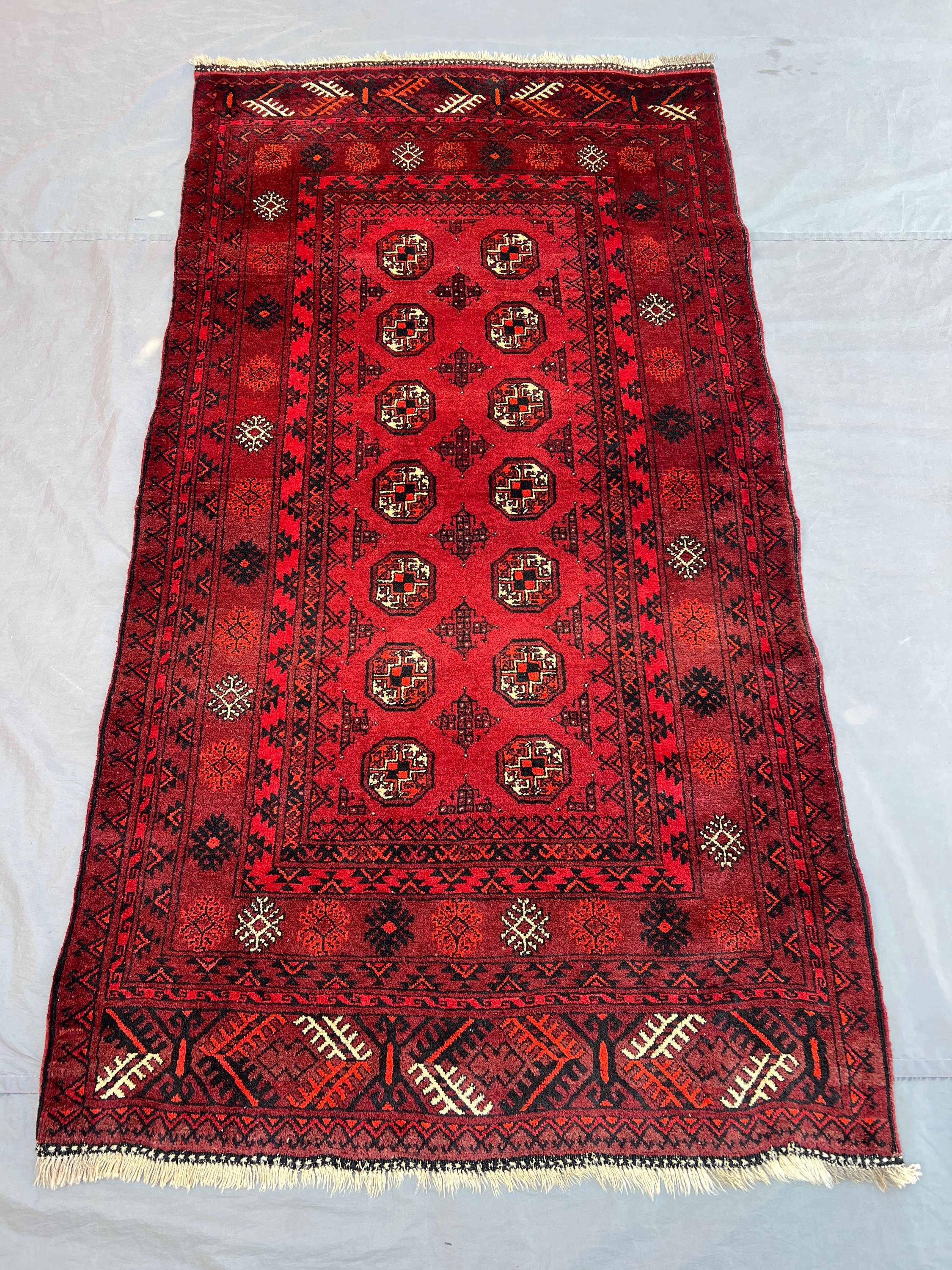 3'6x6'8 Ft Vintage Afghan Hand Knotted Wool Rug | Deep Red Tribal Octagonal Medallion Area Rug | Bokhara Style Nomadic Carpet | Home Decor