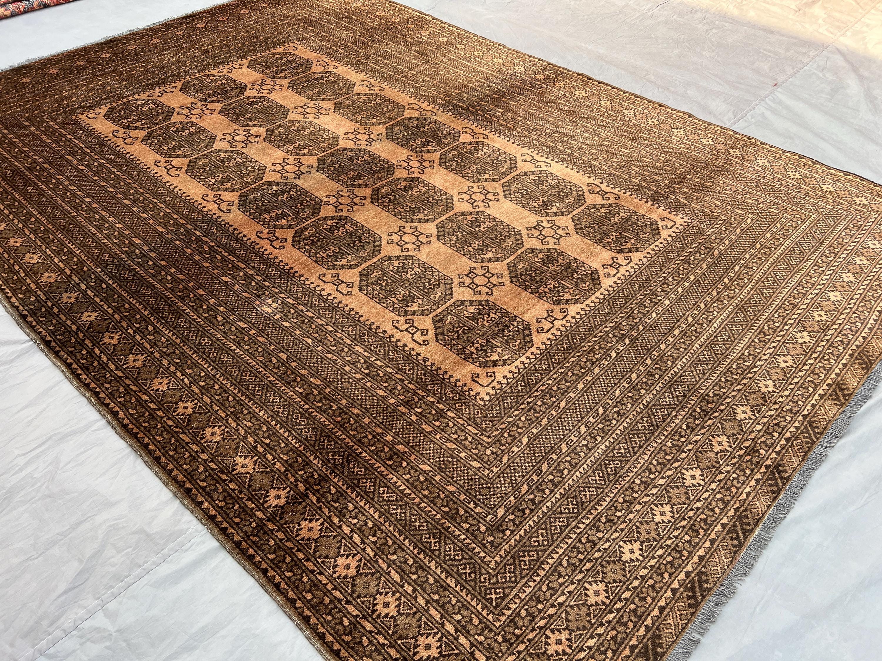 7x10 Bukhara Terracotta Tribal Rug | Afghan Hand Knotted Wool Rug | Geometric Pattern | Turkmen Faded Rug | Large Area Rug | Bedroom Carpet