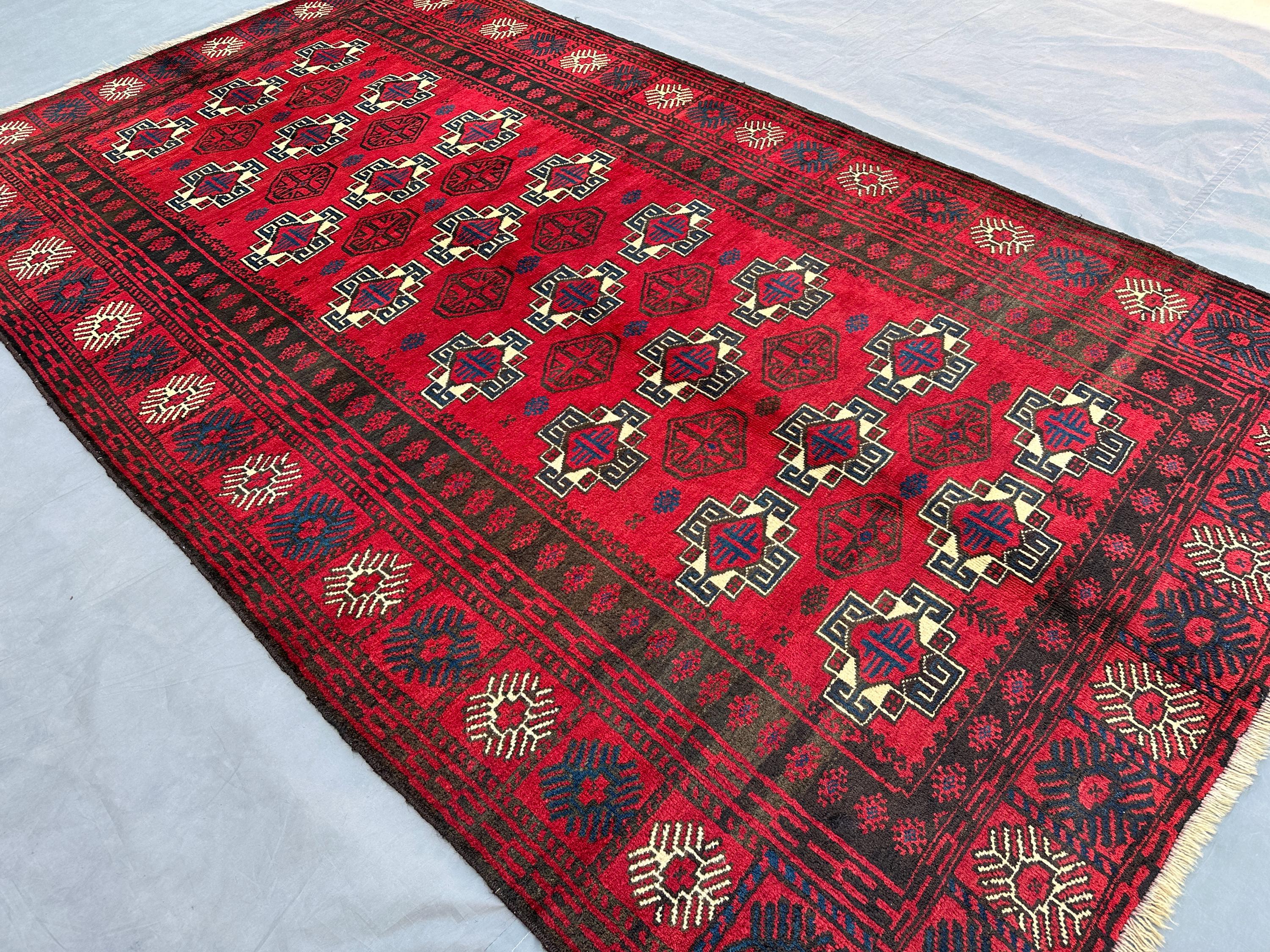 4'2x7'5 ft Antique Afghan Baluch Rug, Hand Knotted Tribal Red Wool Carpet | Oriental Geometric Runner | Bohemian Kitchen Decor Rug, Moss Rug