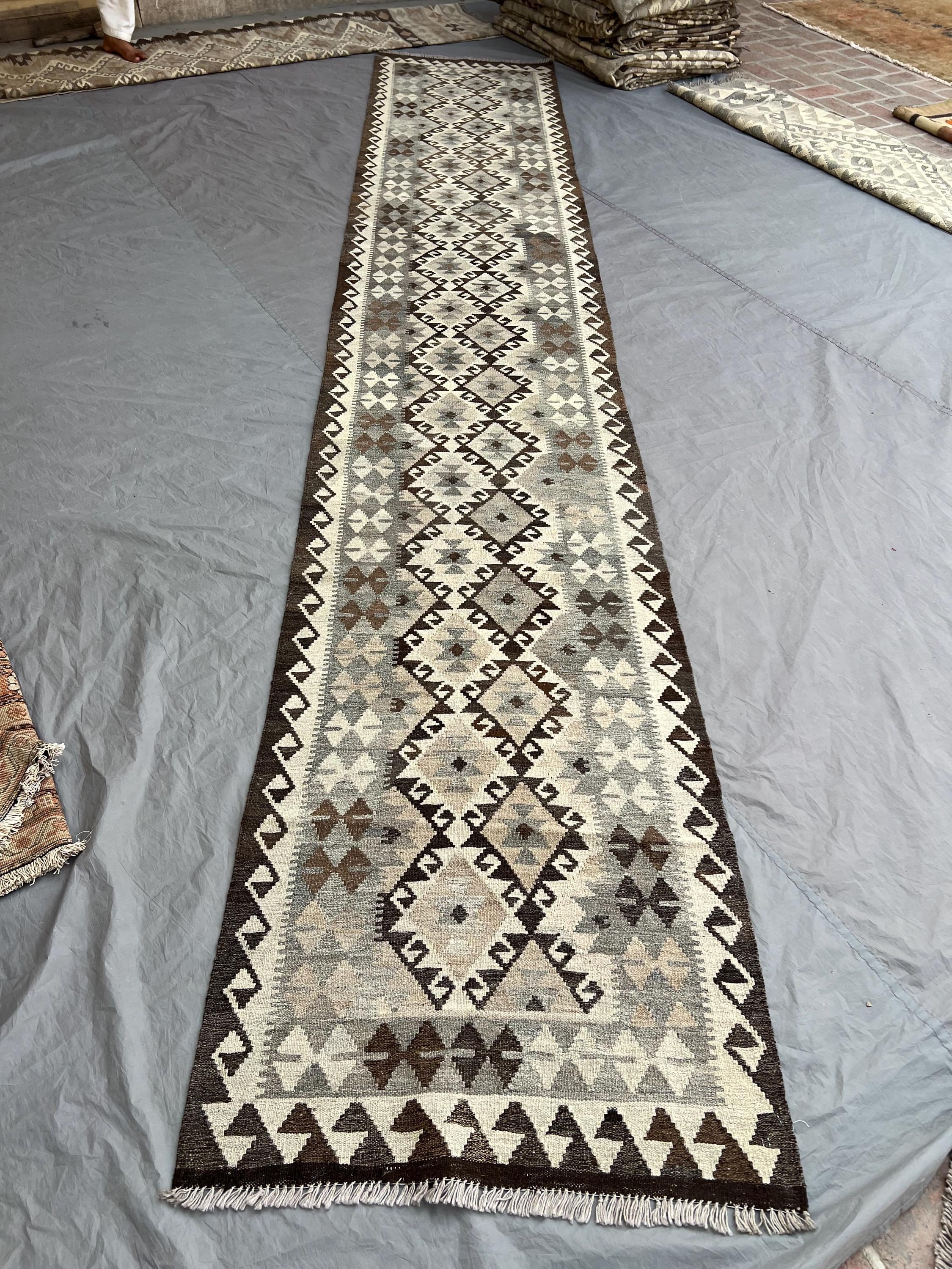 Unique 3 x 16 ft Afghan Hand-Woven Vintage Flat-Weave Kilim Runner Faded Maimana Design Large Wool Tribal Rug One-of-a-Kind Home Decor