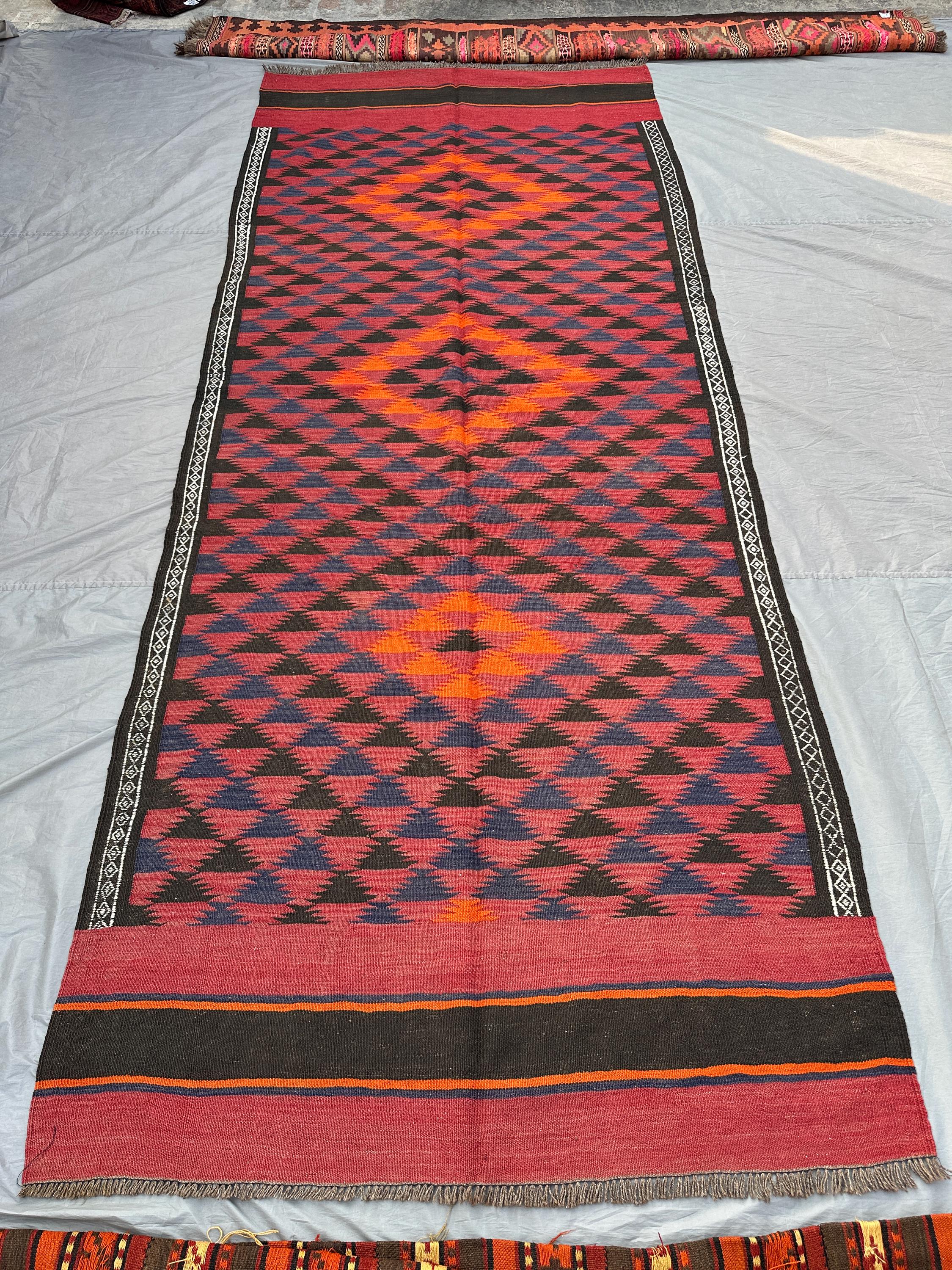 5x12 Afghan Kilim Runner | Vintage Flatweave Wool Rug | Bold Tribal Diamond Pattern | Red Orange Long Boho Hal