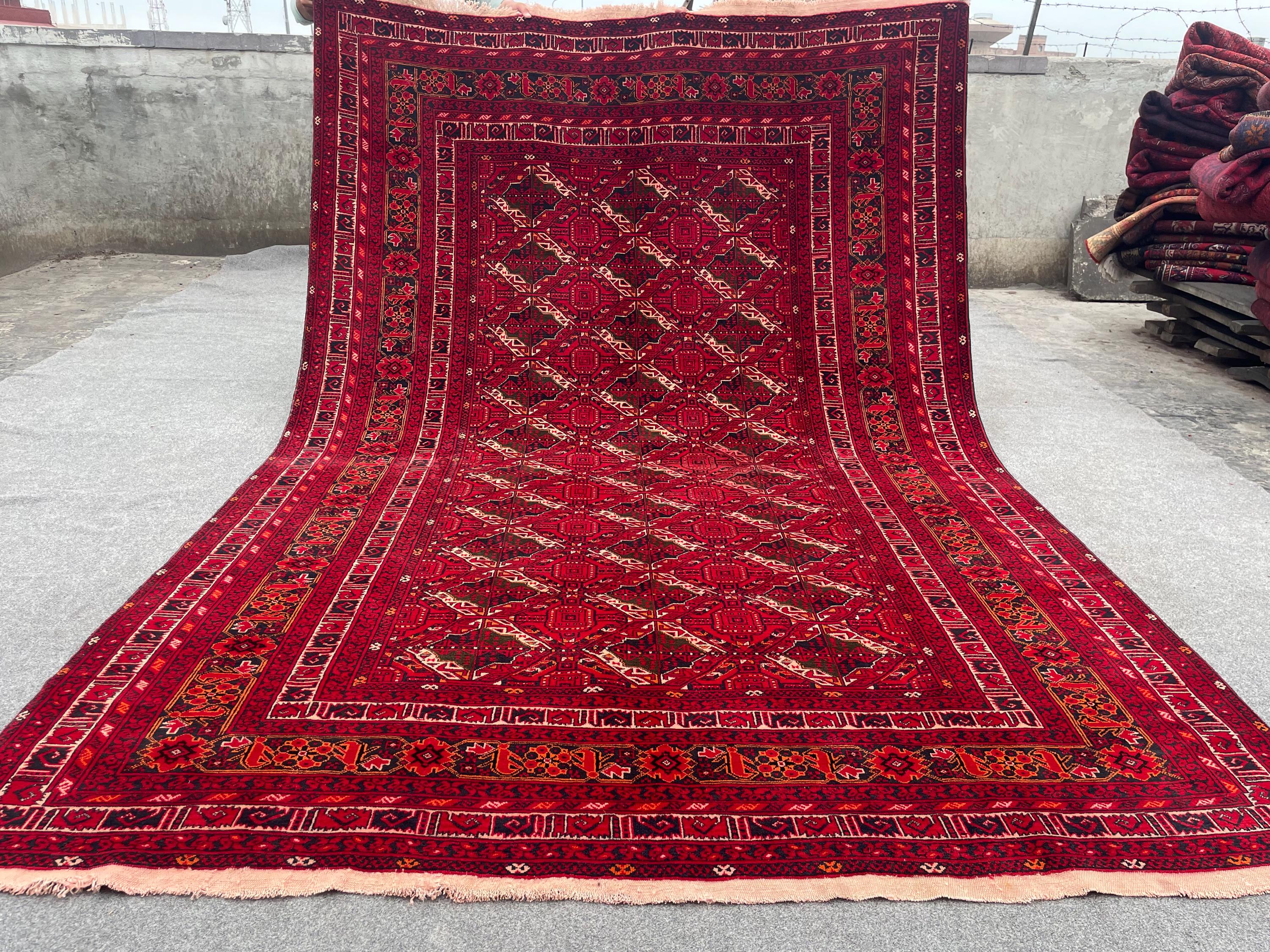 7x10 Antique Ersari Rug, Hand-Knotted Wool Carpet | Tribal Afghan Red Geometric Design | Collectible Vintage A