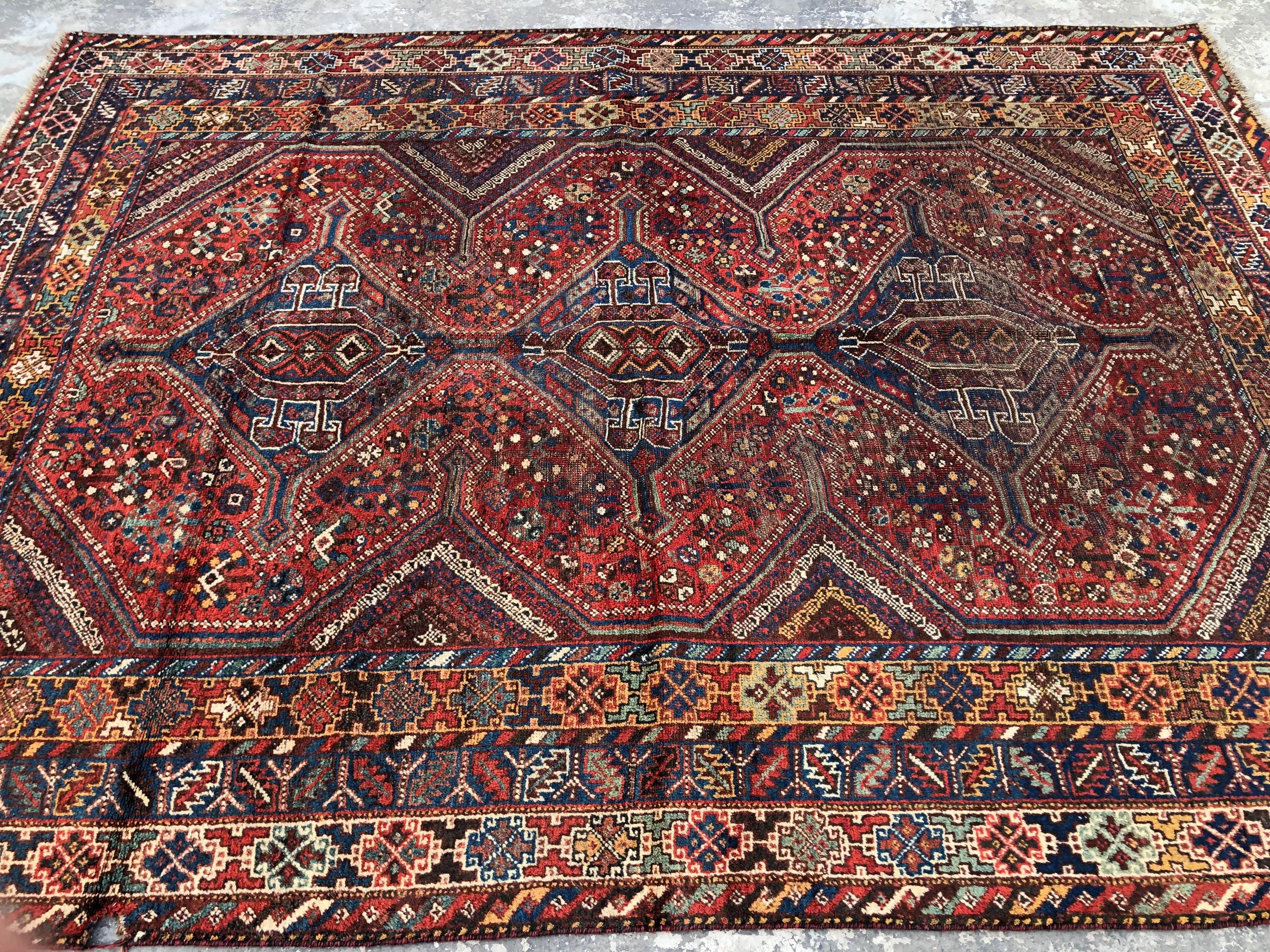 7x9.3 ft Antique Caucasian Tribal Rug, 1940s Afghan Hand-Knotted Wool Carpet, Geometric Medallion Design, Rustic Vintage Home Décor, Bedroom