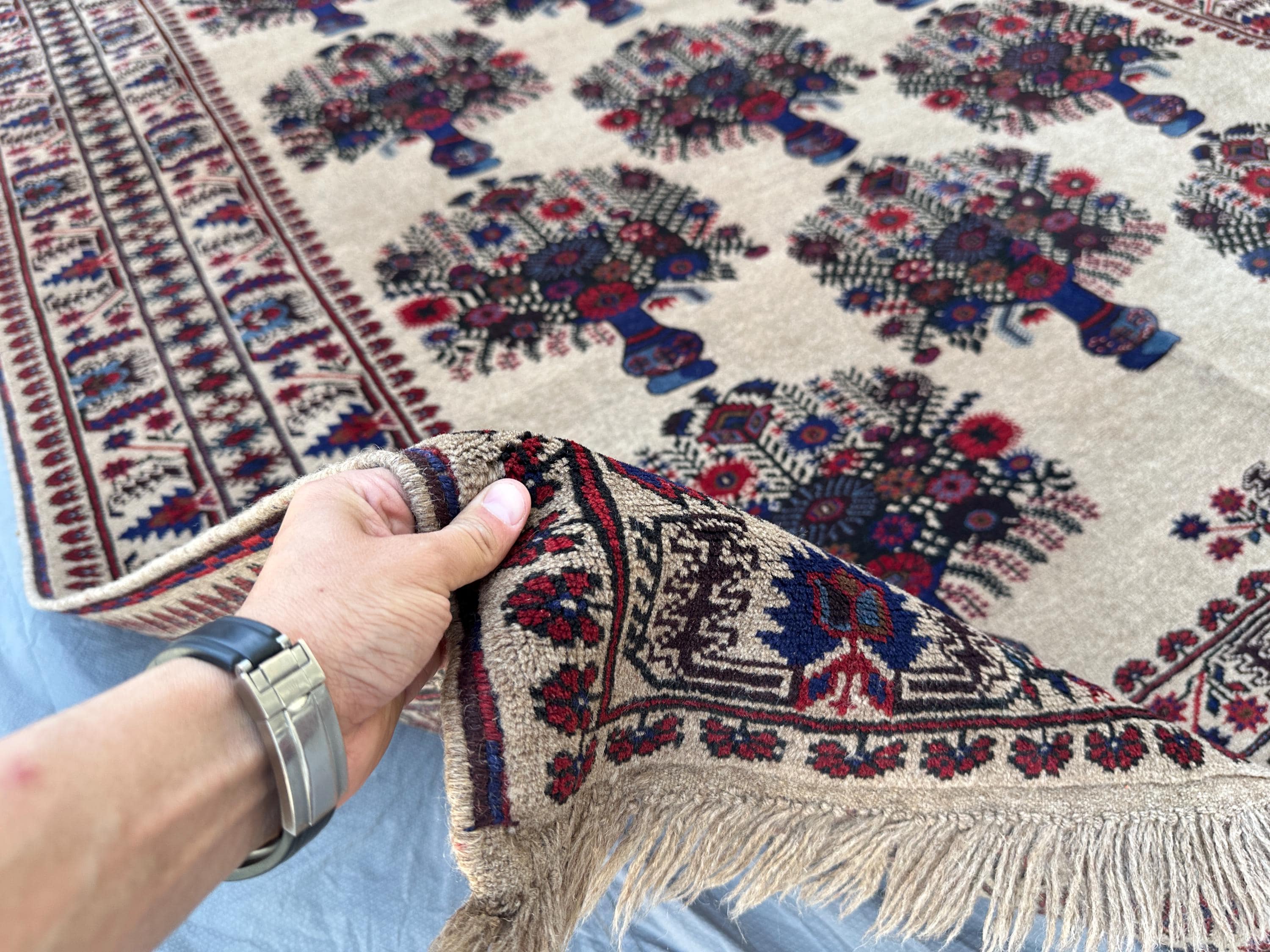 7x10 Ivory Floral Bouquet Rug, Hand Knotted Wool Vase Tree Carpet, Afghan Pictorial Area Rug Living Room Rug
