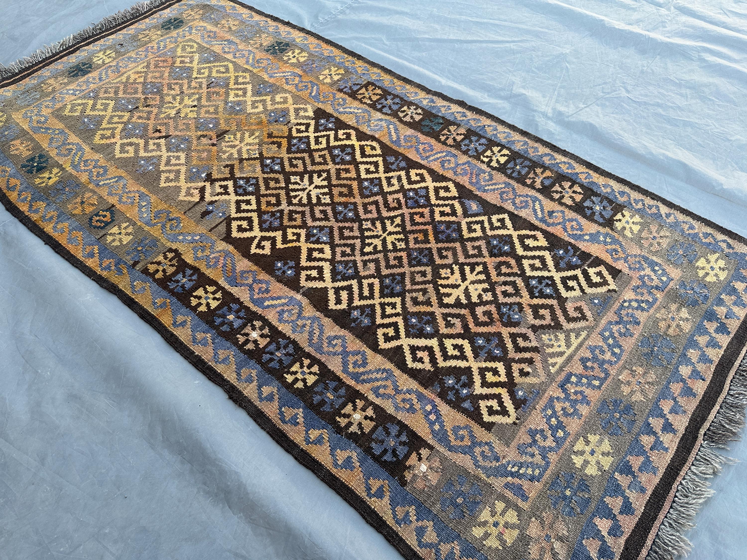 2'8x5'5 ft Vintage Afghan Handmade Kilim Rug Tribal Turkmen Wool Flat Weave Geometric Rug, Dark Blue and Pink