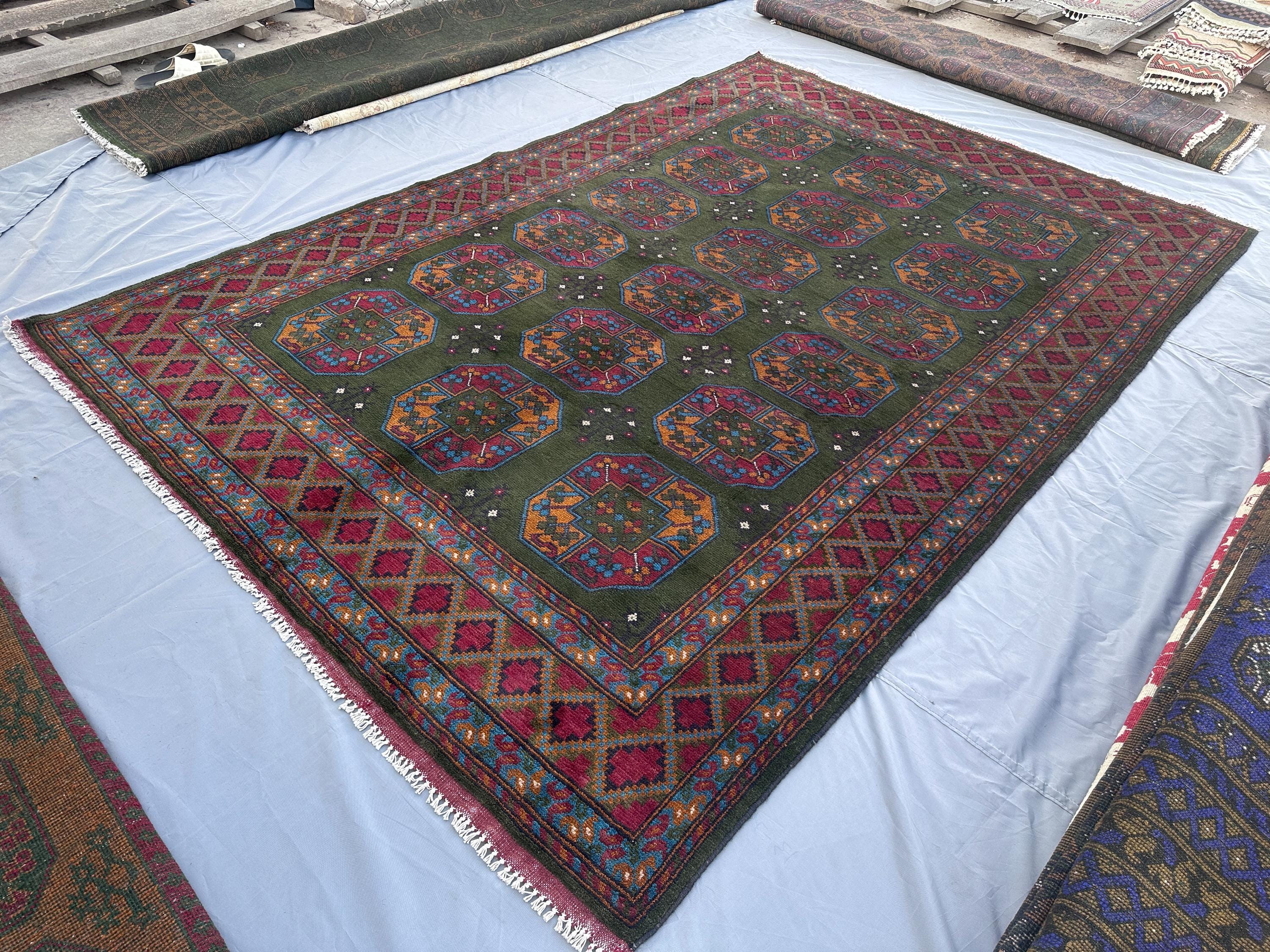7x10 Green Modern Afghan Turkoman Bokhara Rug, Hand-Knotted Wool Carpet, Elephant Foot Design, Vintage Style O