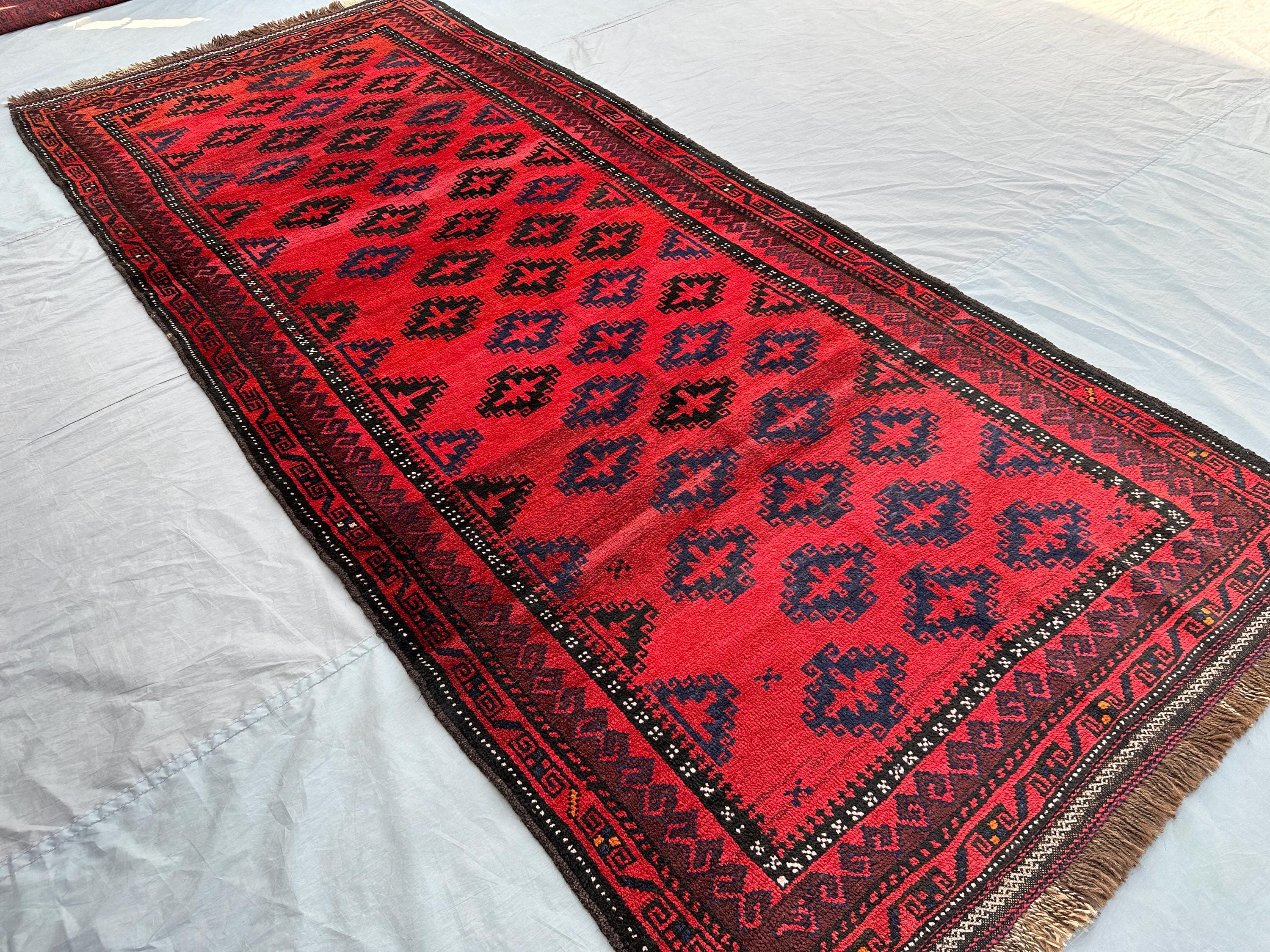 4x10 Vintage Baluchi Runner Rug | Hand-Knotted Tribal Wool Carpet, Red Geometric Wide Design | Nomadic Afghan