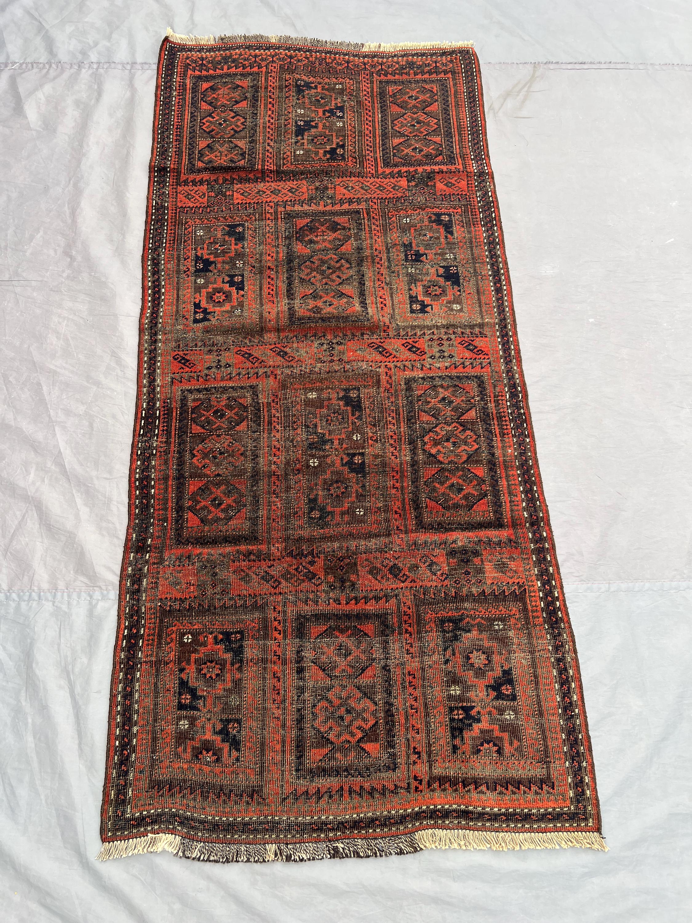 3 x 6 ft Afghan Hand Knotted Vintage Balochi Rug Low Pile Distressed Runner Brown Terracotta Tribal One Of A K