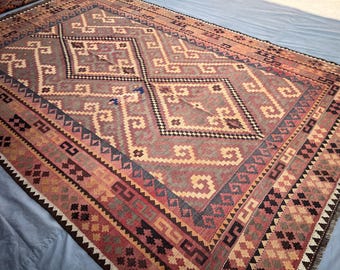 Afghan Handmade Flatweave Rug 7.8x12.1 ft | Vintage Turkmen Wool Rug | Maimana Tribal Geometric Kilim | Large Faded Boho Floor Rug Palce Rug