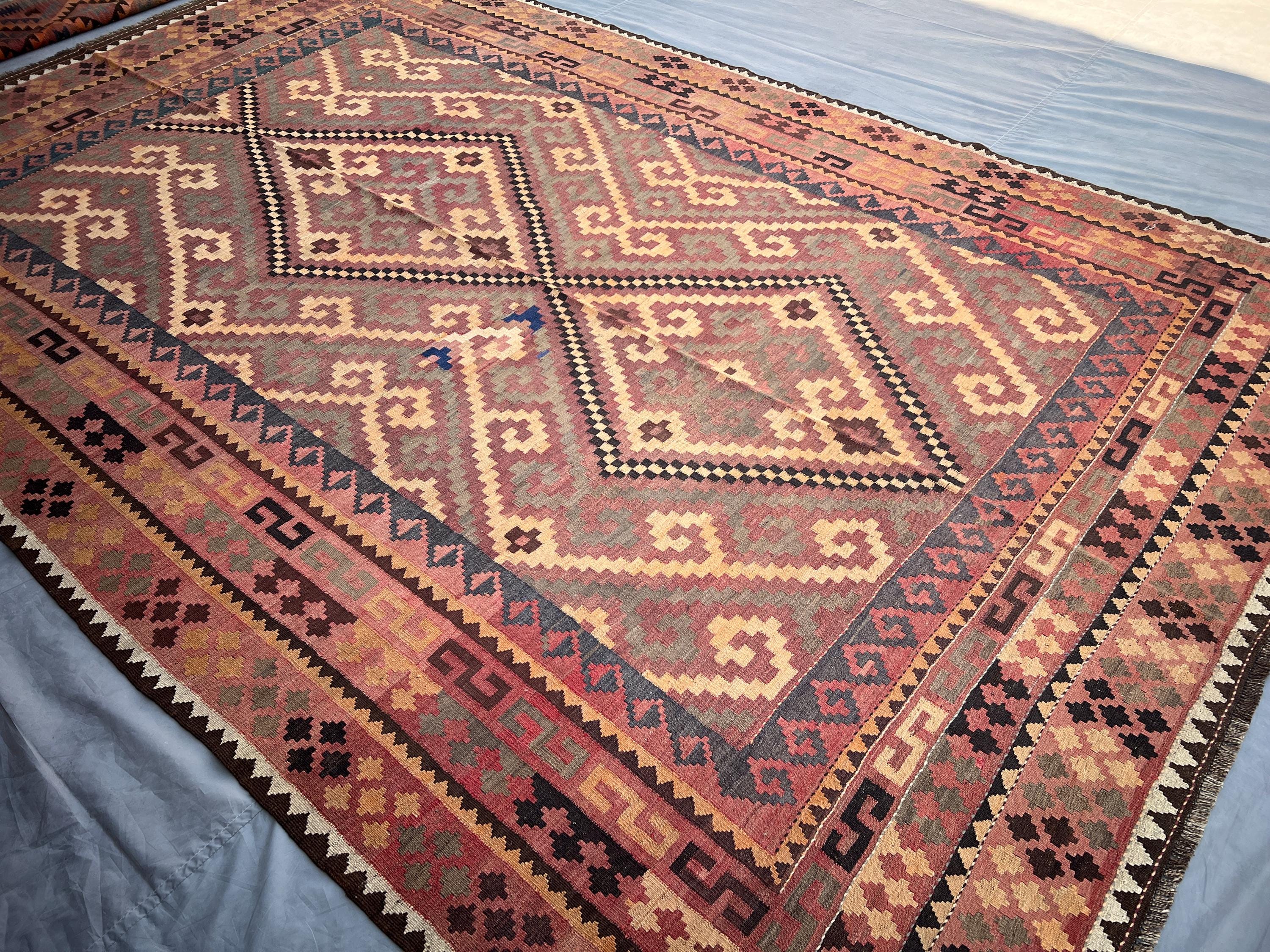 Afghan Handmade Flatweave Rug 7.8x12.1 ft | Vintage Turkmen Wool Rug | Maimana Tribal Geometric Kilim | Large