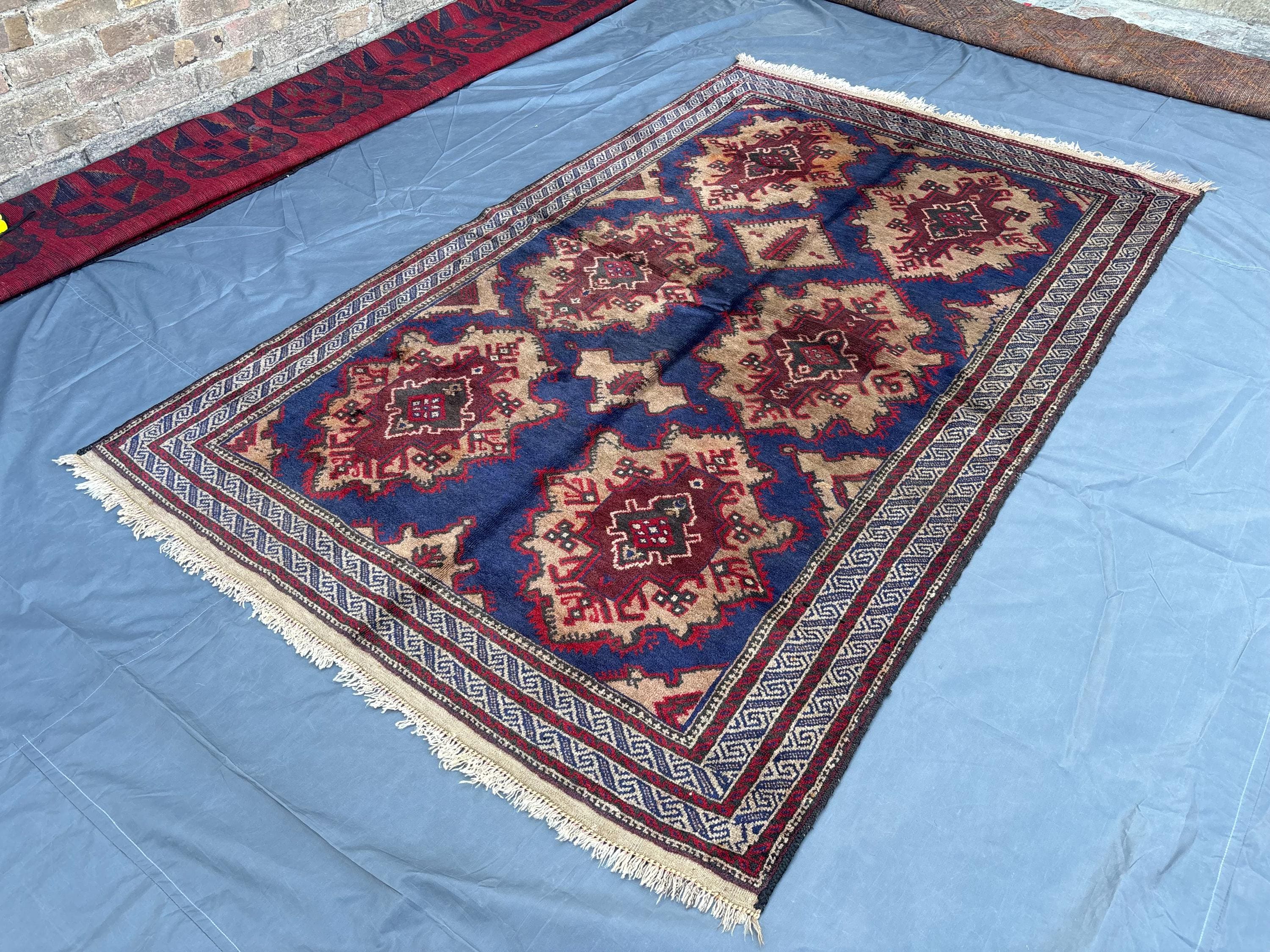 4'9" x 7'8" Vintage Afghan Hand-Knotted Baluchi Rug | Soft Wool Tribal Geometric Design | Blue Red Beige Rare 