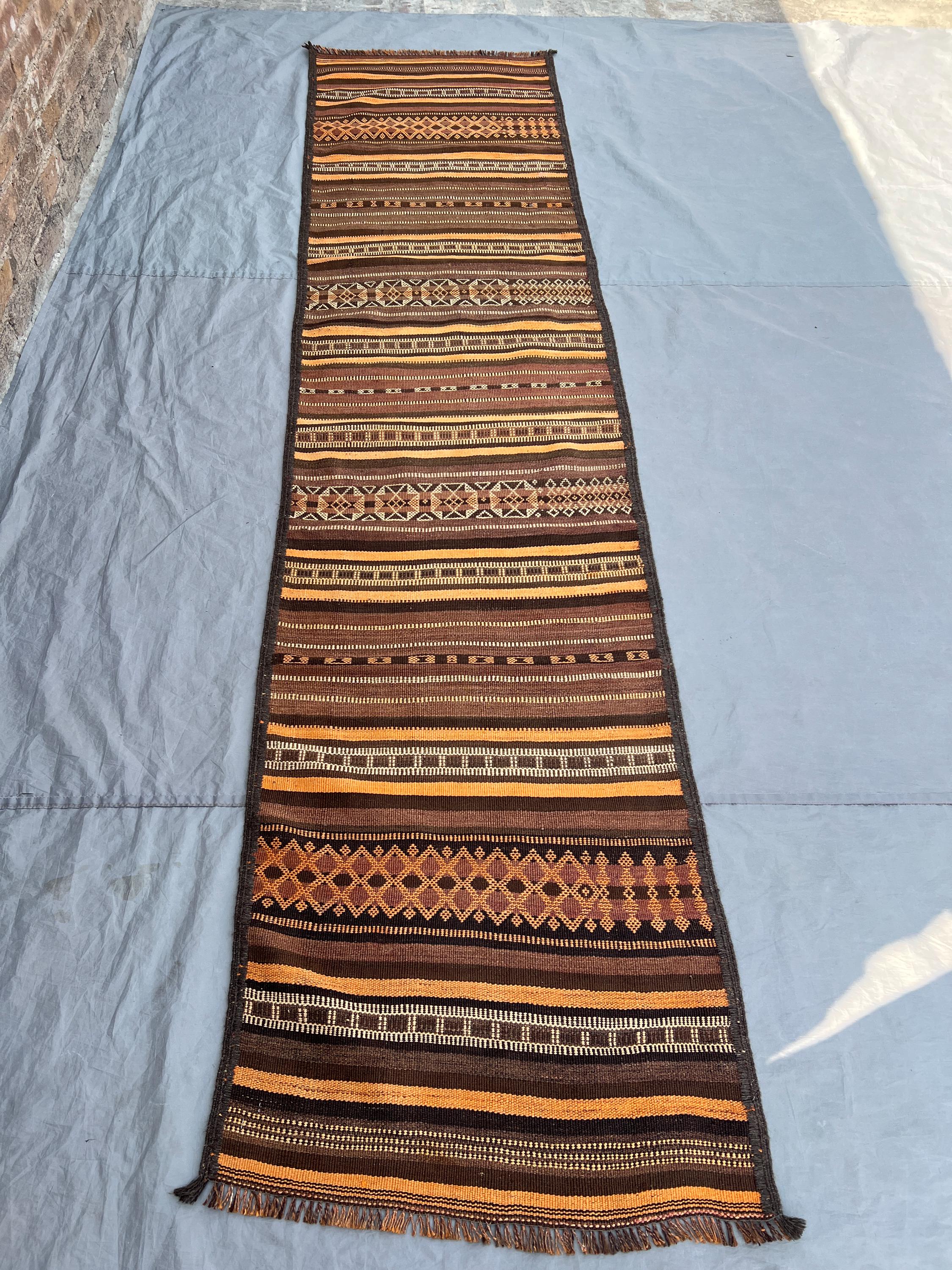 2'6x10'6 ft Vintage Afghan Kilim Runner Rug - Handwoven Flatweave, Warm Earthy Tones & Geometric Design - Narr