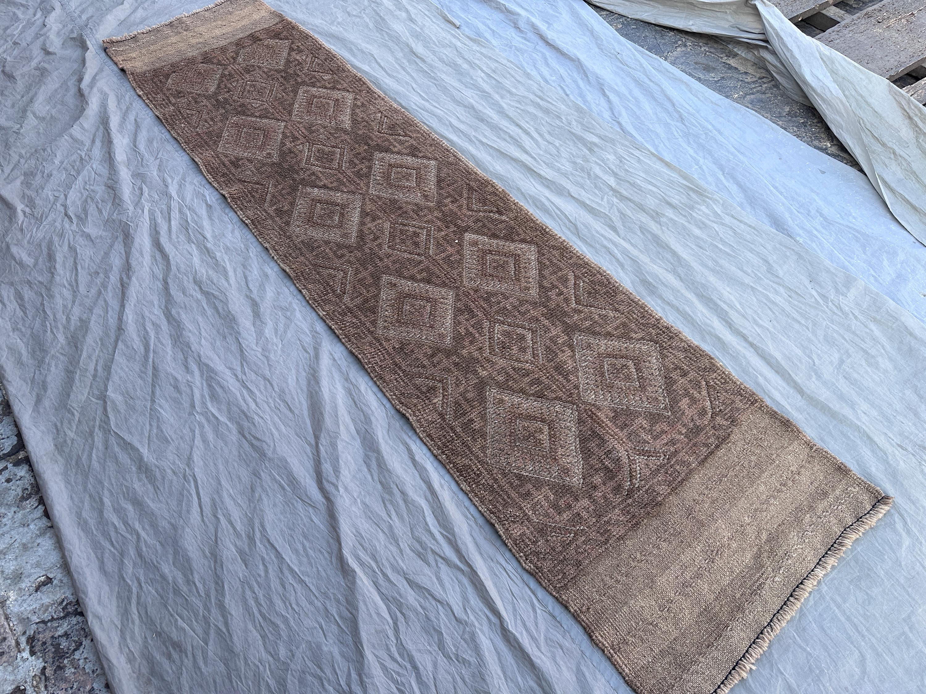 2'0 x 7'11 Afghan Hand Knotted Vintage Rare Soft Pile One of a Kind Narrow Runner Terracotta Color Faded Mishwani Design | Living room decor