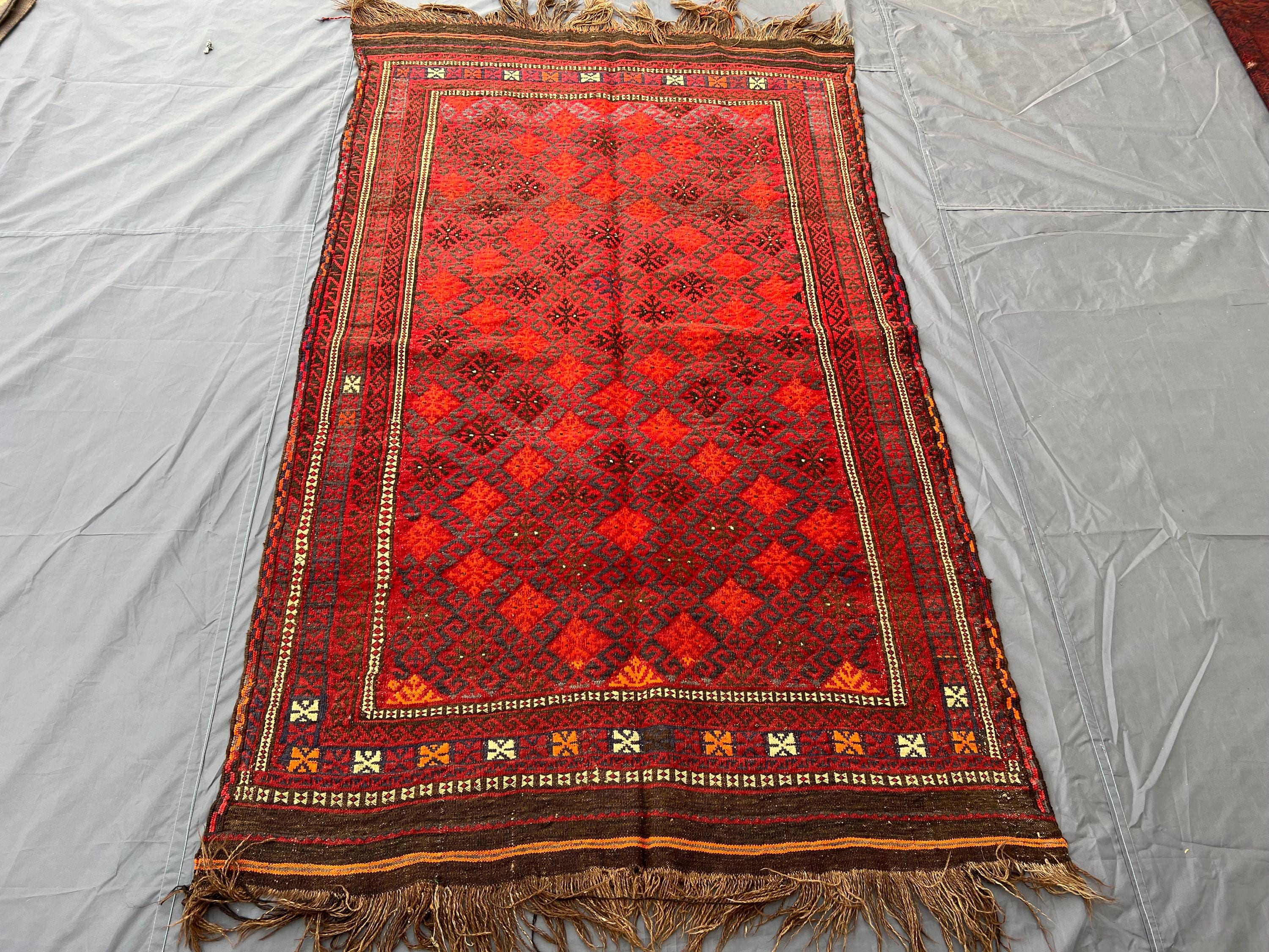 4'3x7'3 Afghan Kilim Rug, Handwoven Wool Flat Weave Carpet, Nomadic Sumak Kilim, Tribal Geometric Oriental Vintage Area Rug Living Room Rug
