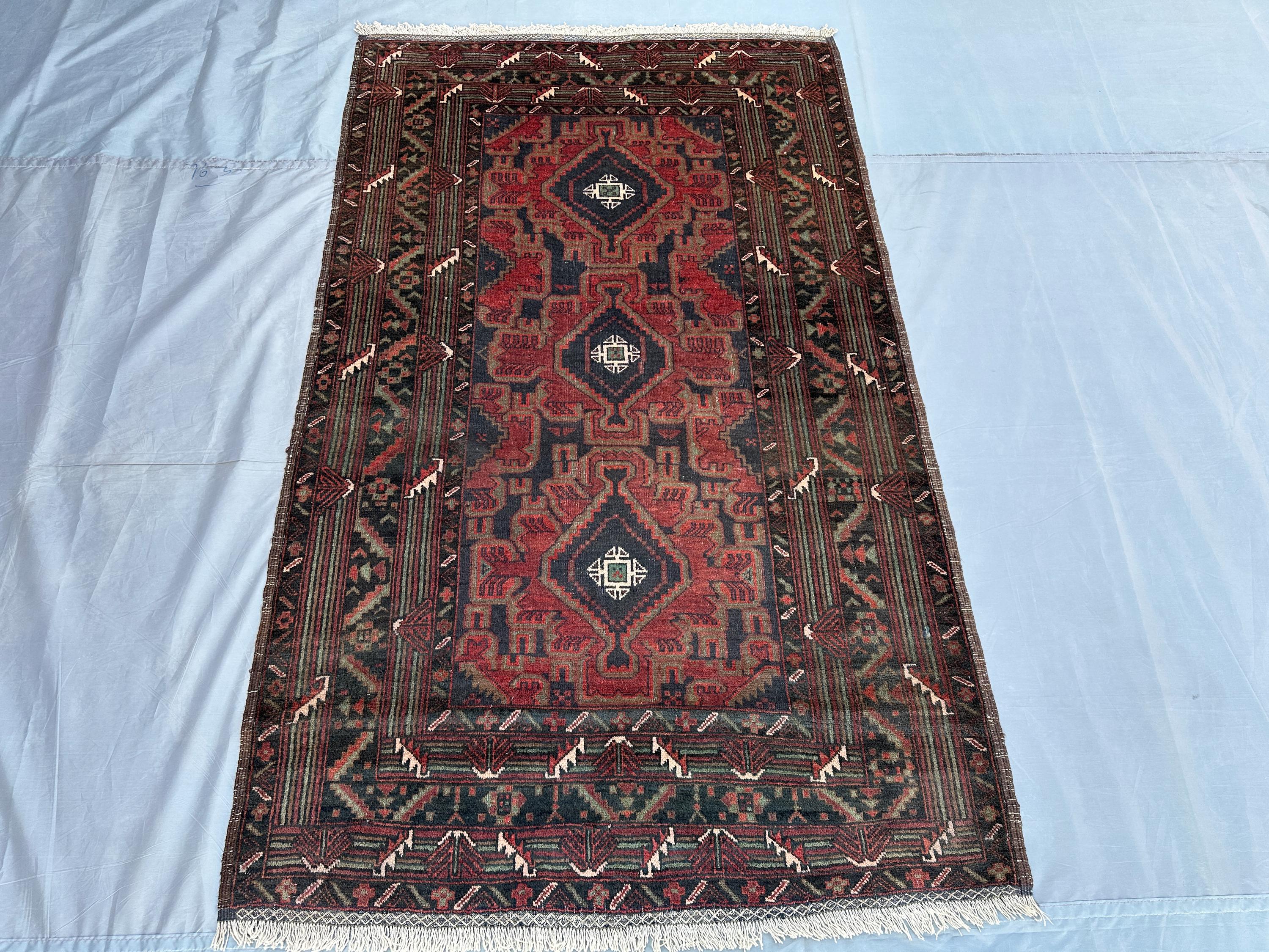 4x6 ft Vintage faded Rug Afghan Handmade Wool Area Rug, Caucasian Style Geometric Old Baluch Rug, Turkmen Oriental Rug, Kitchen Carpet