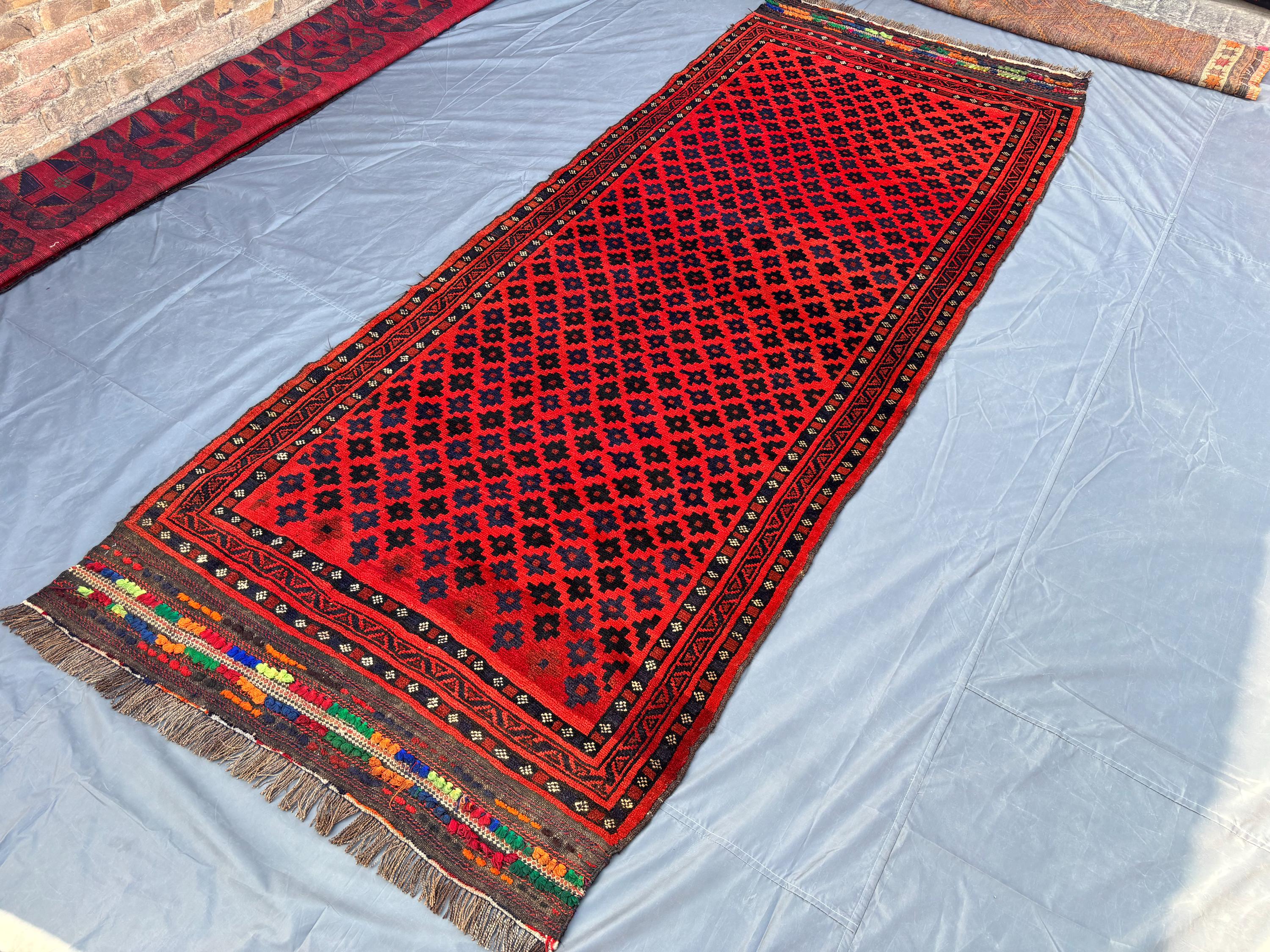 4x11 Vintage Afghan Baluchi Rug | Hand-Knotted Wide Runner | Rug Red Navy Geometric Tribal Wool Carpet Soft Pile Hallway Rug | Entryway Rug