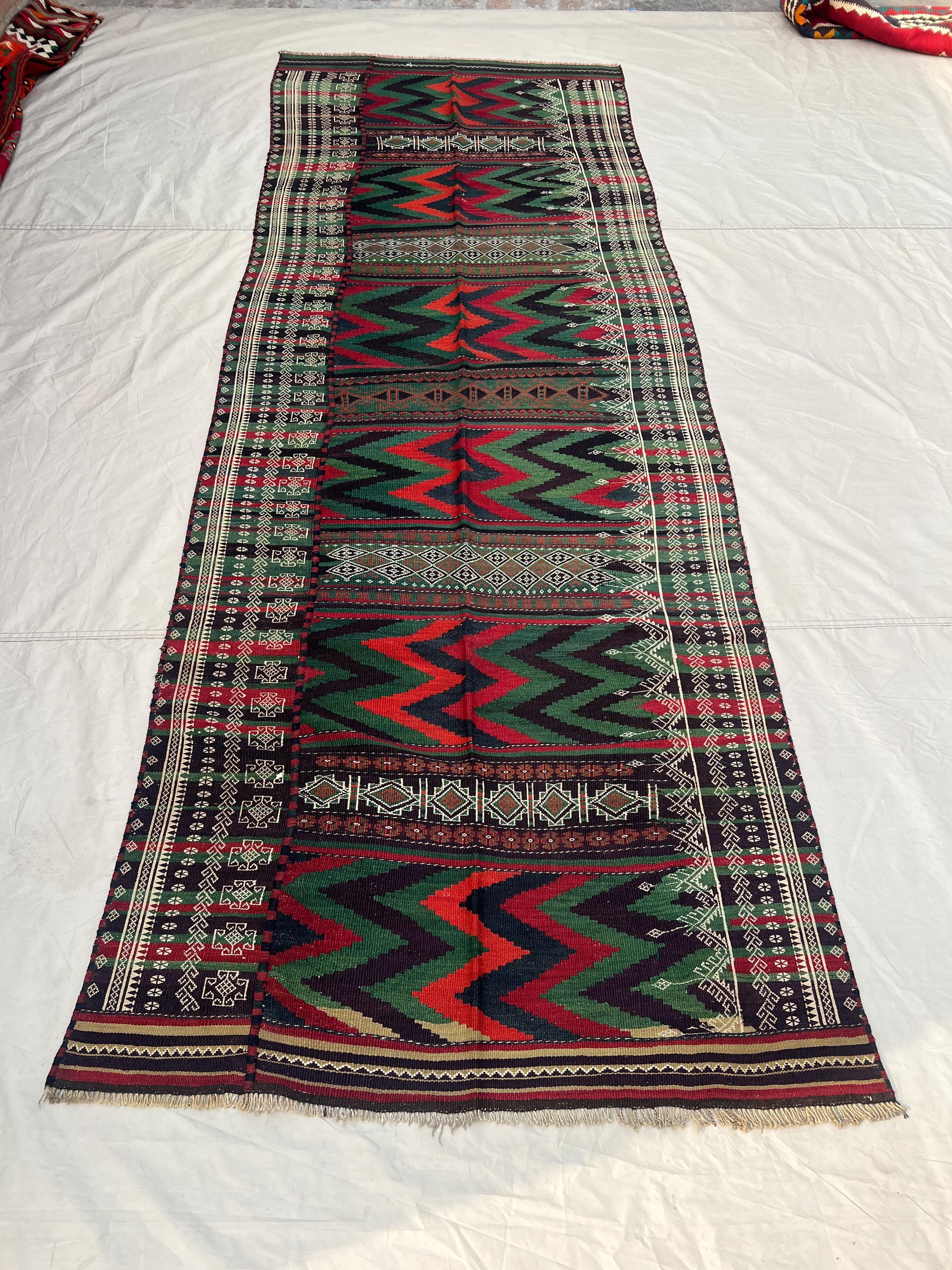 4x13'3 ft Vintage Afghan Tribal Kilim | Bold Chevron Zigzag Flat Weave Caucasian Style | Forest Green Red Black | Boho Hall Runner