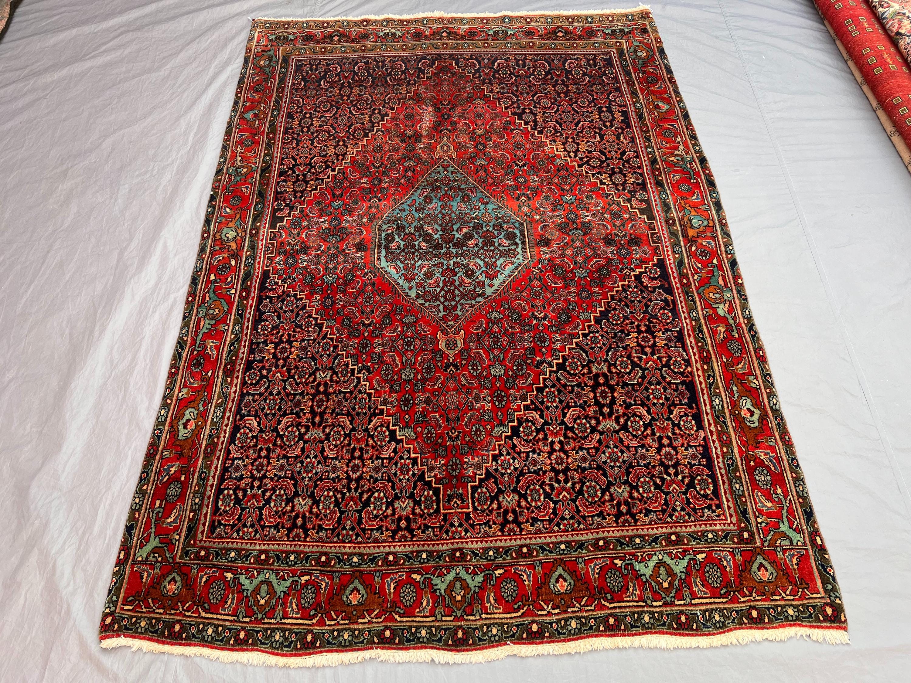 Antique 4'9x7'2 ft Afghan Hand-Knotted Wool Rug, Red Field Central Diamond Medallion Tribal Design, Vintage Ar