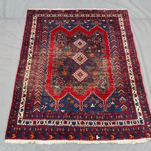 1920s Distressed Rug | 4.5x5.6 Semi-Antique Hand-Knotted Wool | Turkish Caucasian Style | No Pile Faded Accent Rug | Rustic Vintage Decor