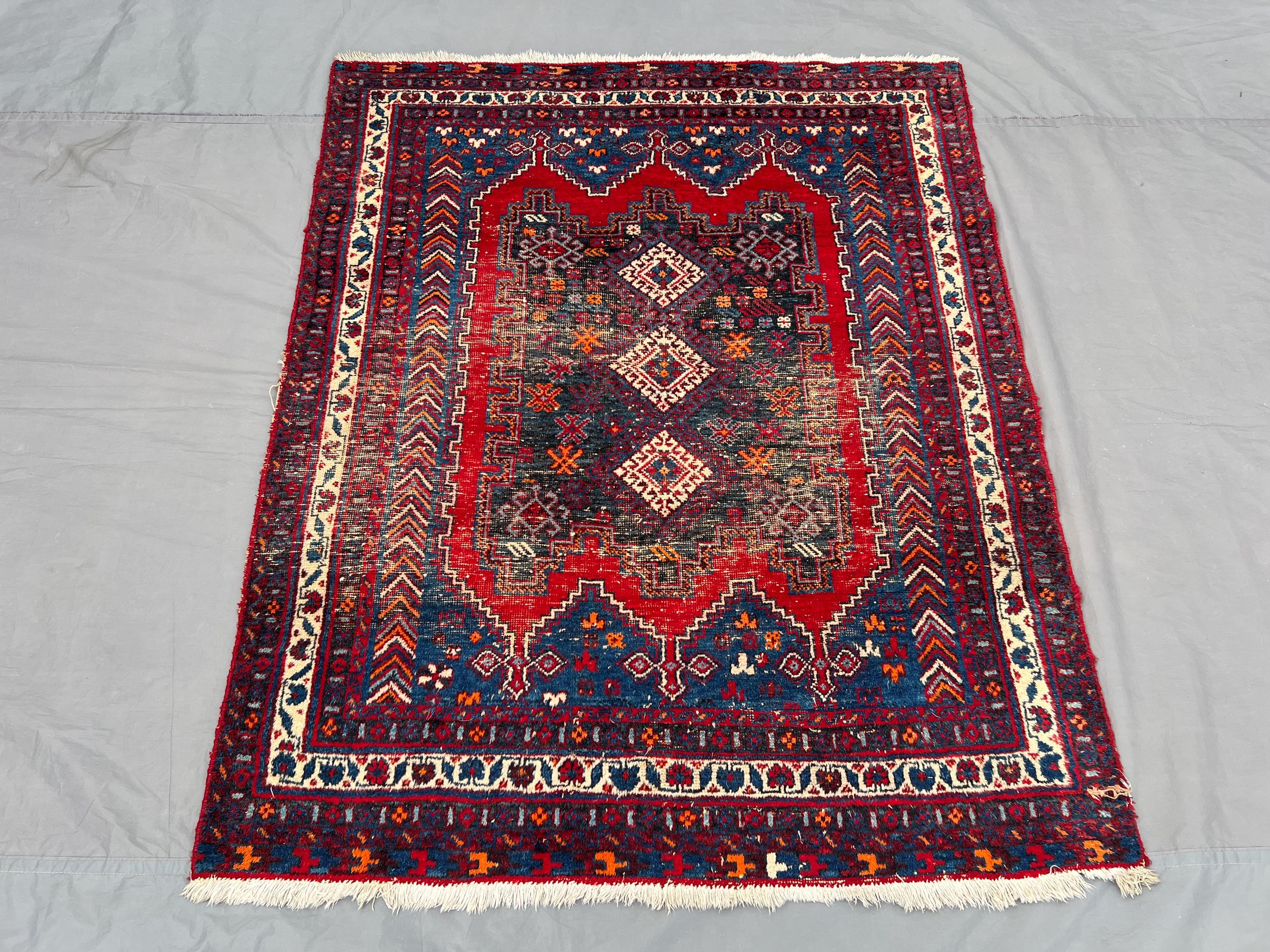 1920s Distressed Rug | 4.5x5.6 Semi-Antique Hand-Knotted Wool | Turkish Caucasian Style | No Pile Faded Accent Rug | Rustic Vintage Decor