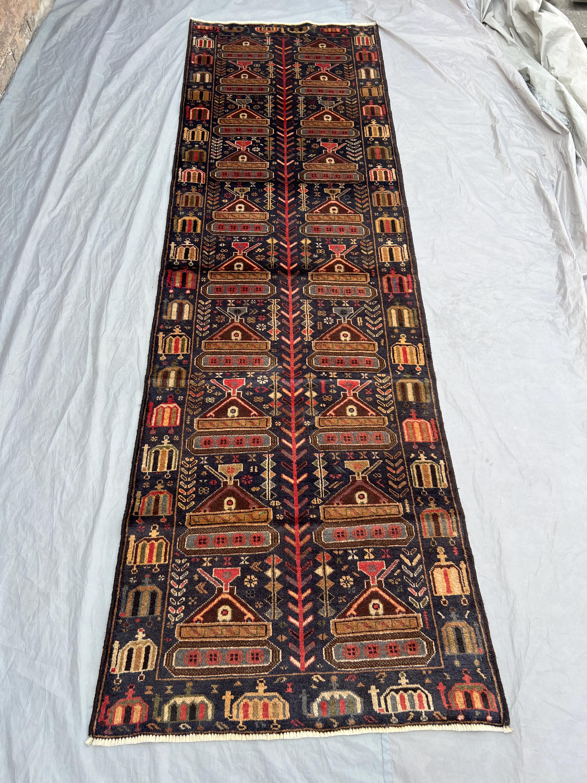 3 x 10 Vintage Afghan Hand-Knotted Tribal Runner Rug, Wool Geometric Design, Unique Oriental Boho Runner, Kitchen Rug Decor, Antique Carpet