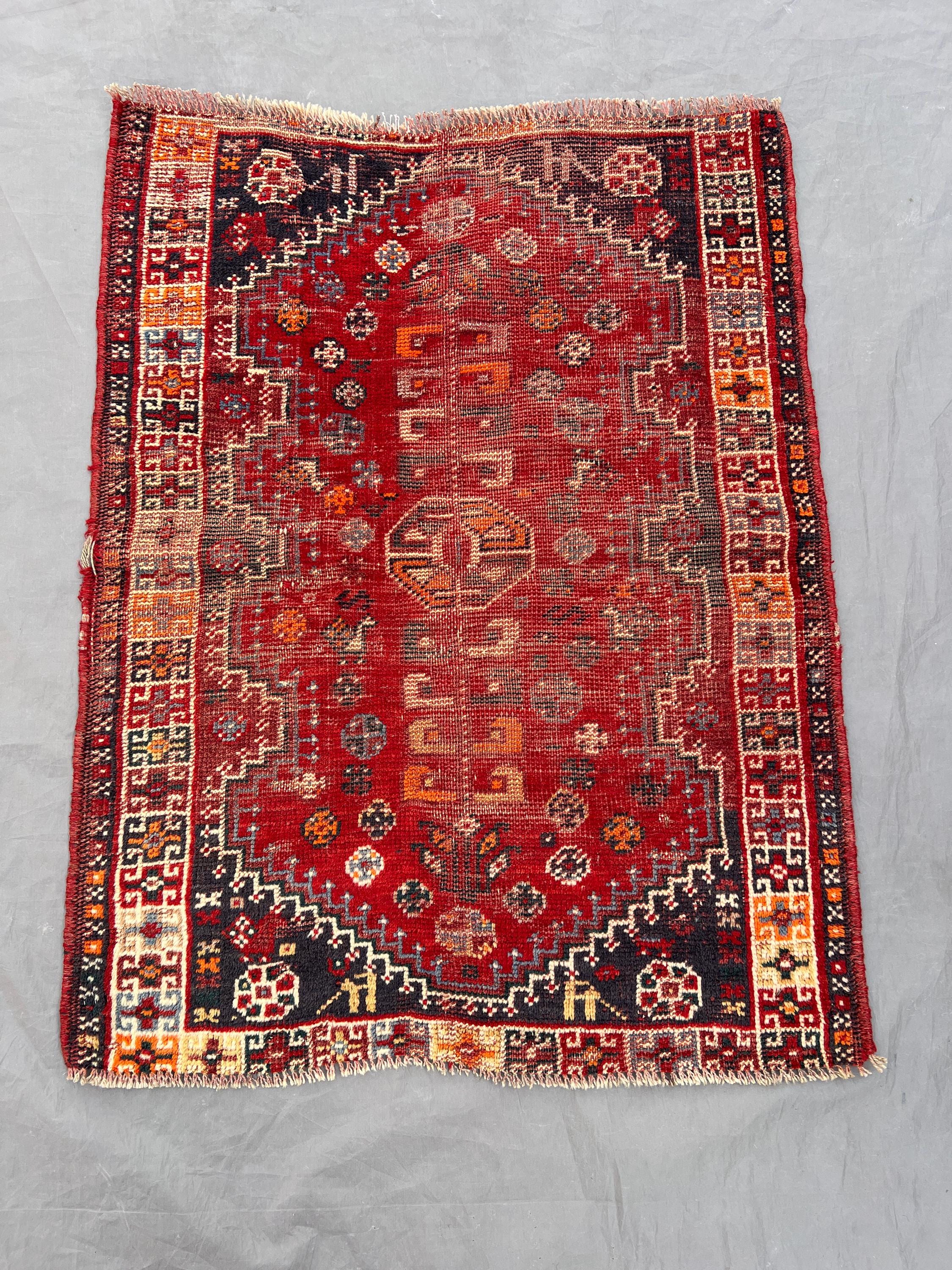 3x3 Antique 1900s Caucasian Medallion Rug, Rare Low Pile Distressed Red Faded Wool Carpet, Collectible Vintage
