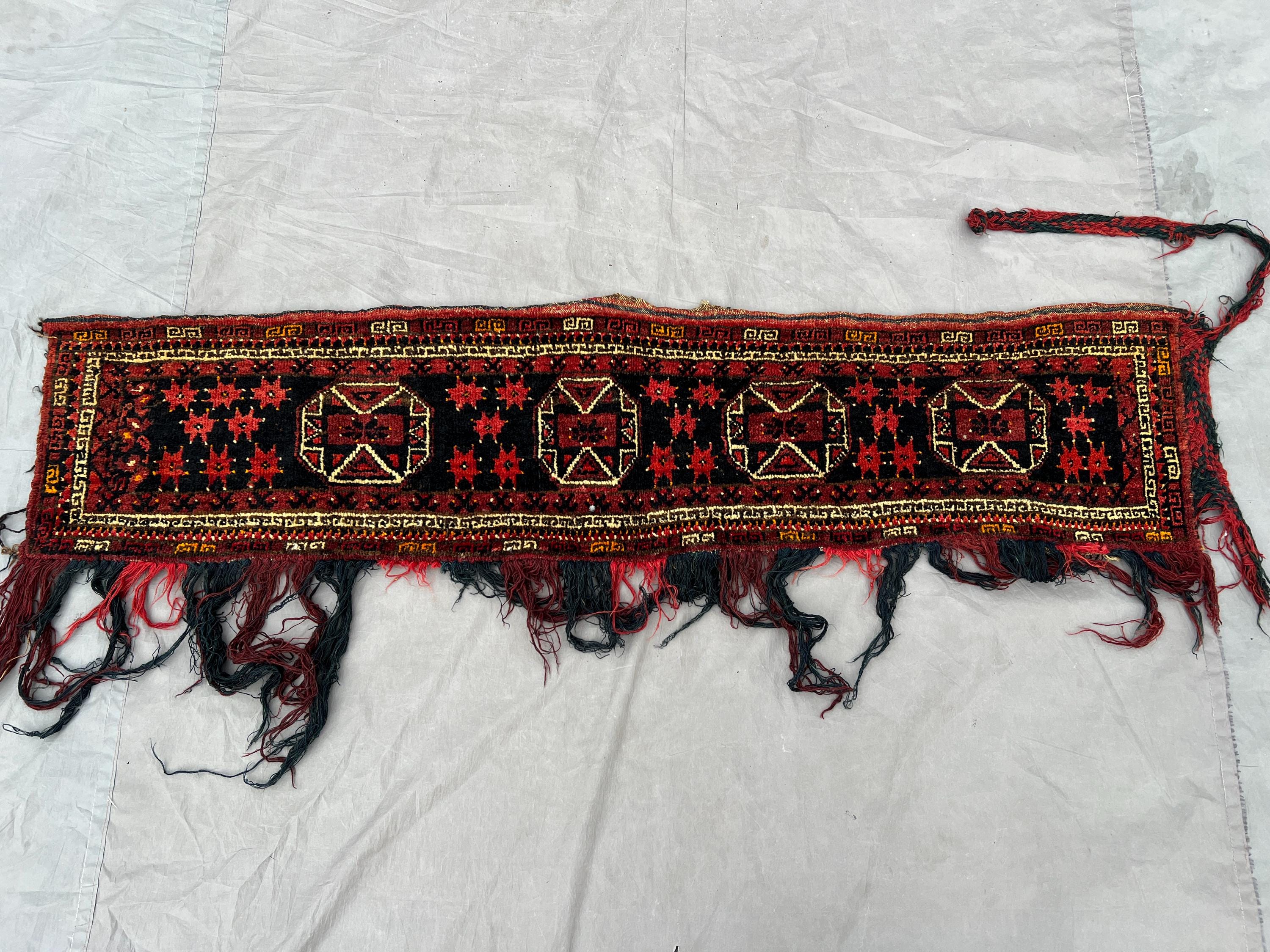 Antique Jalar Rug Wall Hanging 1'3x5'3 Ft | Tribal Afghan Textile | Terracotta Faded Wool | Boho Nomadic Decor | Vintage Tassel Art Rug