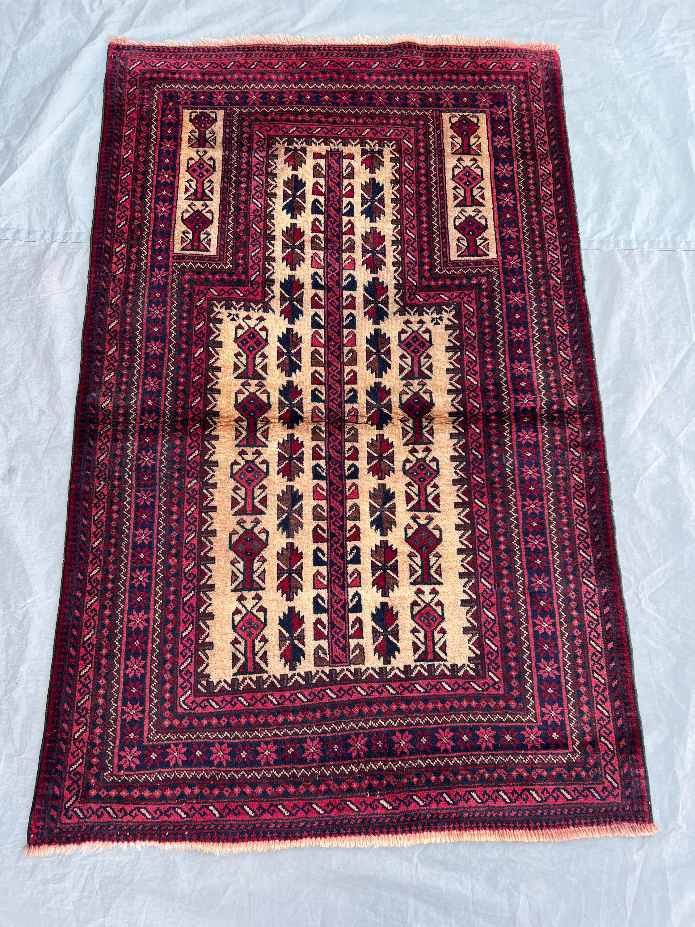 3x4'9 ft Vintage Afghan Baluchi Style Prayer Rug | Mihrab Tree of Life Hand Knotted Camel Field | Red Navy Camel | Boho Accent Prayer Rug