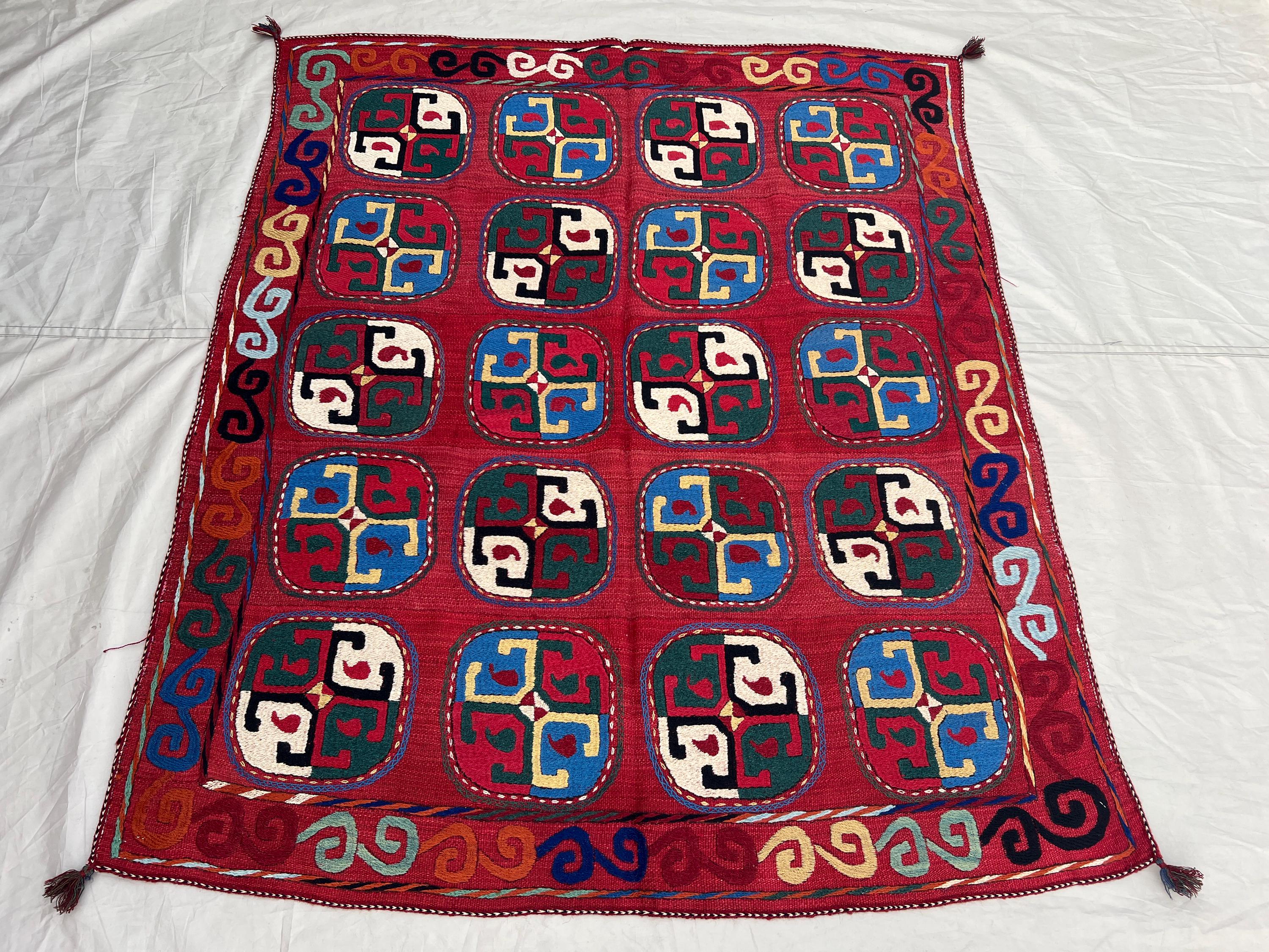 4'7x5'5 ft Vintage Afghan Kilim Rug | Handwoven Tribal Grid Medallion | Crimson Red & Multicolor Flatweave | Accent Rug Wall Hanging Decor