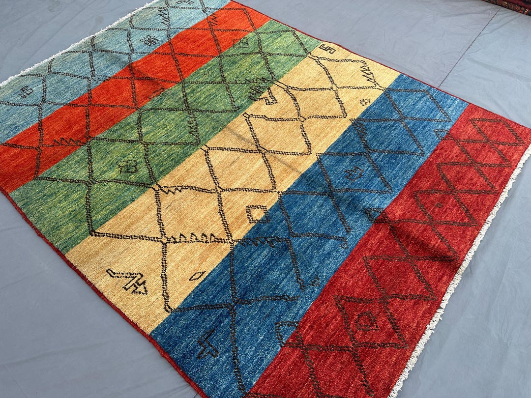 5'7x7'4 Ft Afghan Hand Knotted Gabbah Berber Rug | Colorful Modern